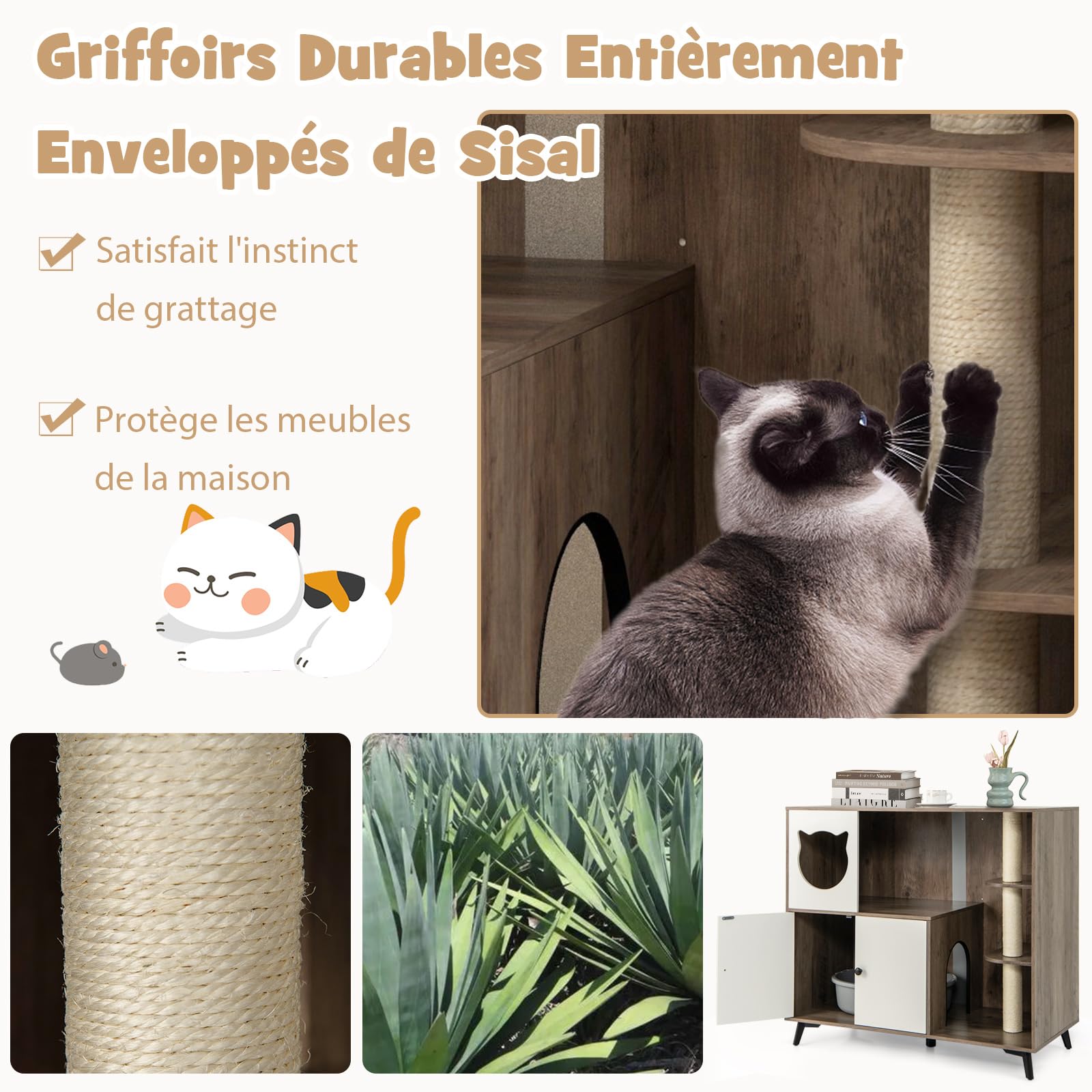 GYMAX Meuble Cache-Bac à Litière pour Chat, 3 Griffoirs à Gratter, Plateformes de Sauts, Condo pour Chat, Maison pour Chats d'Intérieur 2 Niveaux