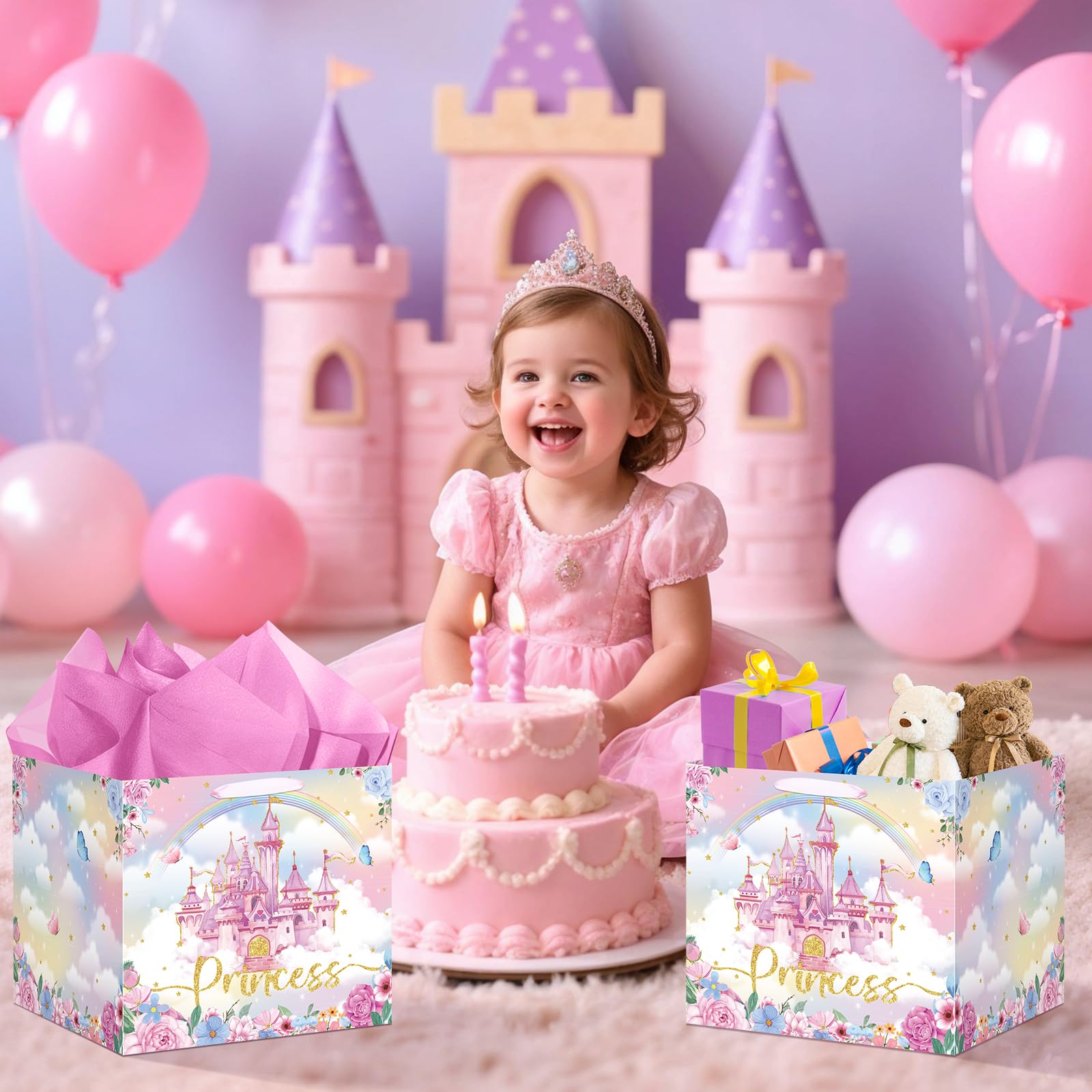 Extra Large Princess Gift Bag for Girls, Pink Castle Party Favors Bag with 6Pcs Tissue Paper Jumbo Flower Floral Gifts Bag with Handles Princess Wrapping Paper Bags for Birthday, Wedding, Baby Shower