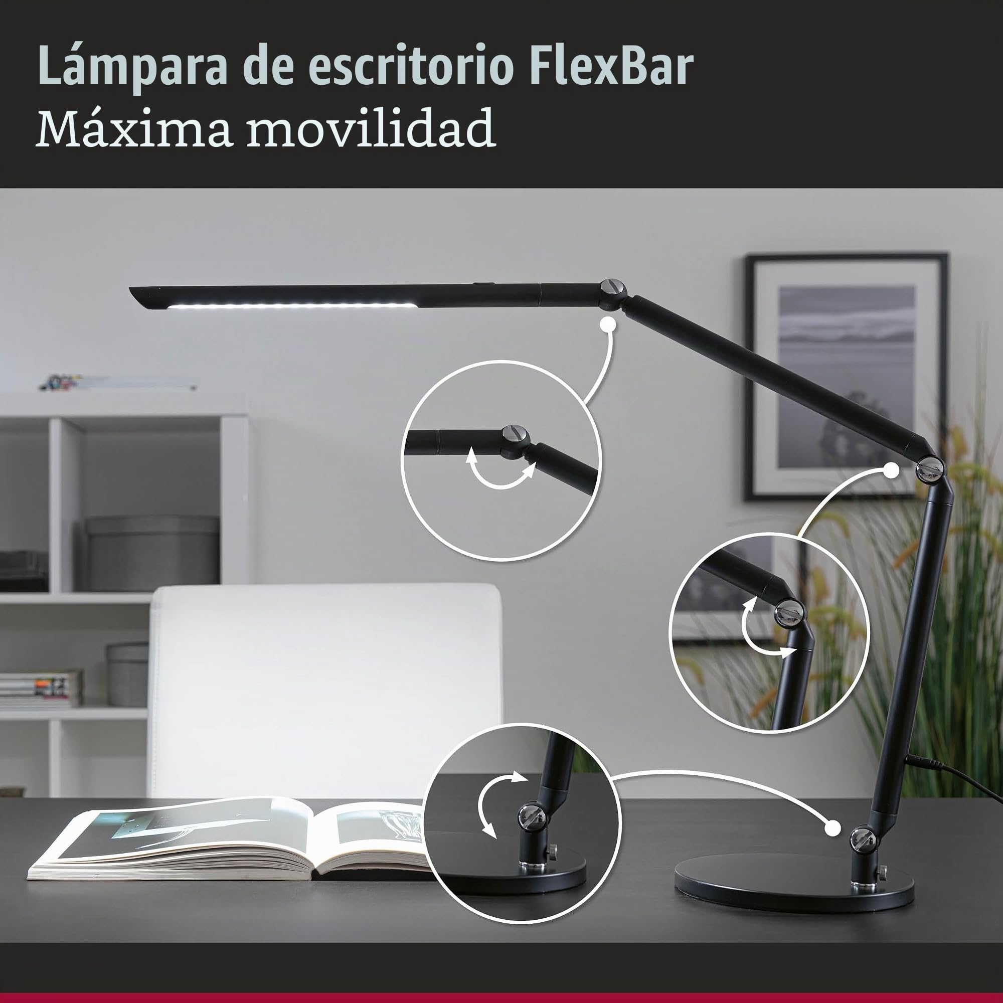 Paulmann 78912 Luminaria de escritorio LED FlexBar WhiteSwitch TunableWhite incl. lámparas auxiliares 1x10,6W, reg., negro, luminaria sobremesa 3000K