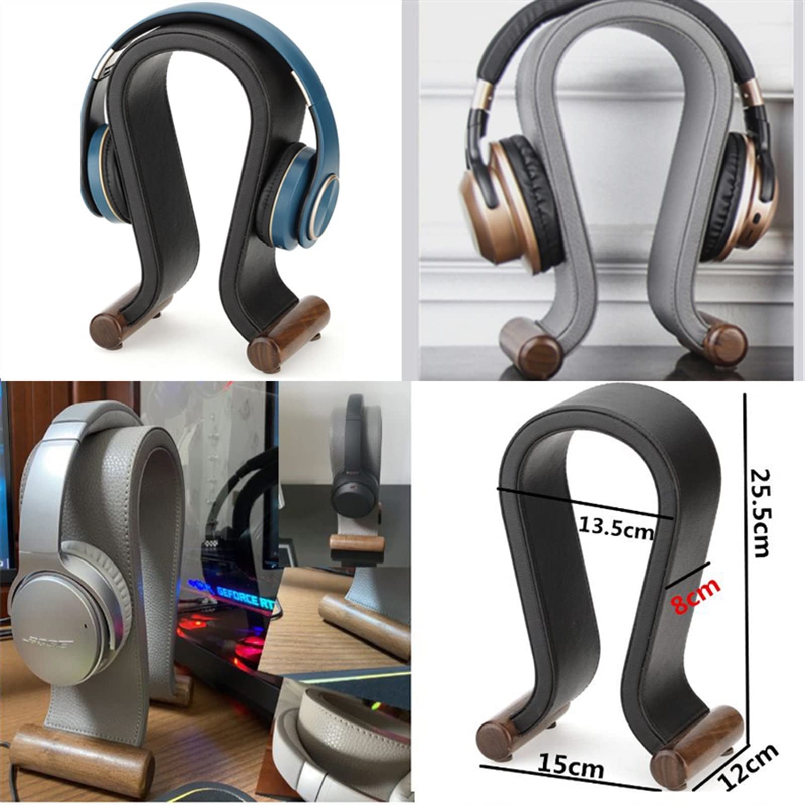 MRKU Support de Casque Audio avec Crochet et étagère de Bureau Universelle en Cuir PU et Bois pour Casque Filaire