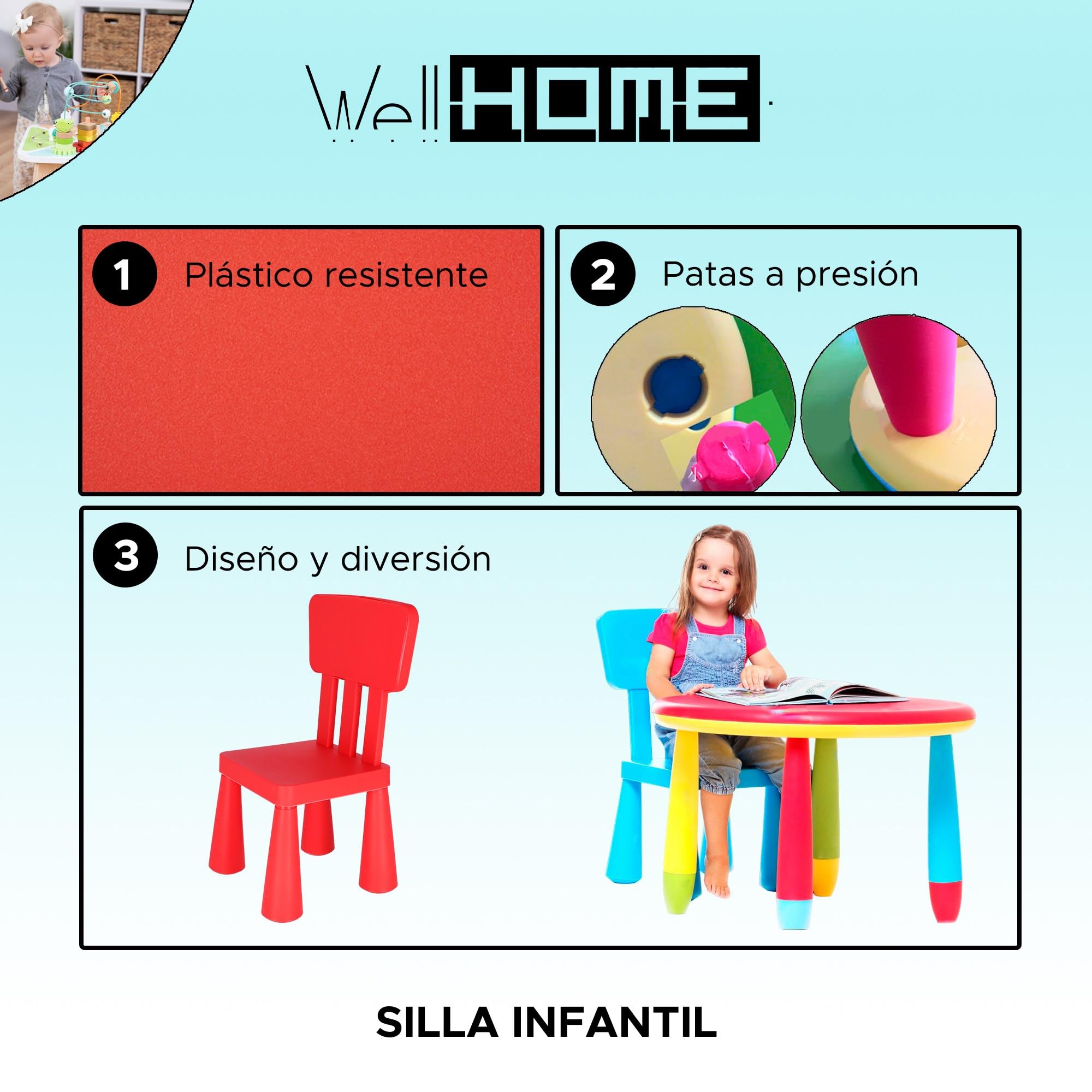 WELL HOME MOBILIARIO & DECORACIÓN Mesita Redonda, 2 Silla Infantil roja, Rojo