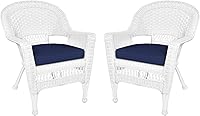 Jeco Set of 2 White Resin Wicker Patio Dining Chairs with Blue Cushions - Durable, Stackable, Weather-Resistant