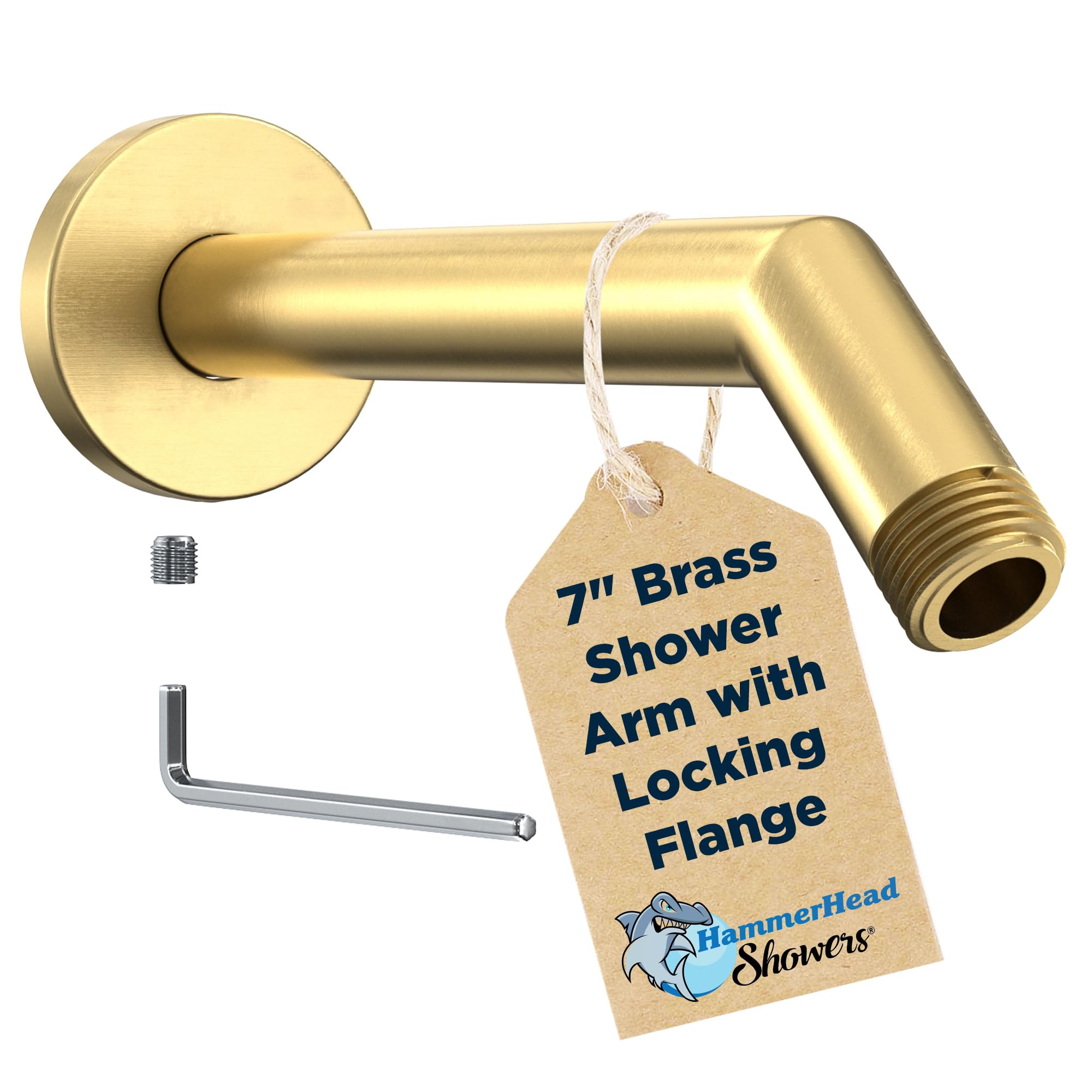 HammerHead ShowersALL METAL 7 Inch Shower Arm and Flange with Set Screw, Brushed Gold | Wall Elbow Pipe and Cover Plate | Universal Replacement Part for Showerheads