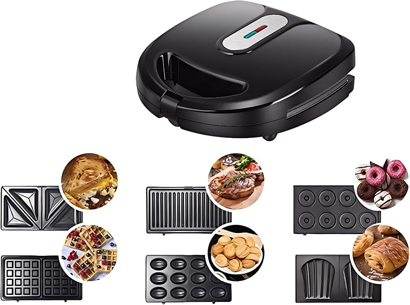 Máquina para hacer gofres 6 en 1, sandwichera con platos extraíbles, máquina para hacer donas con placas antiadherentes calefactoras de doble cara, máquina para hacer galletas de nuez, máquina para hacer desayunos múltiples para queso a la parrilla, tostadas, pan