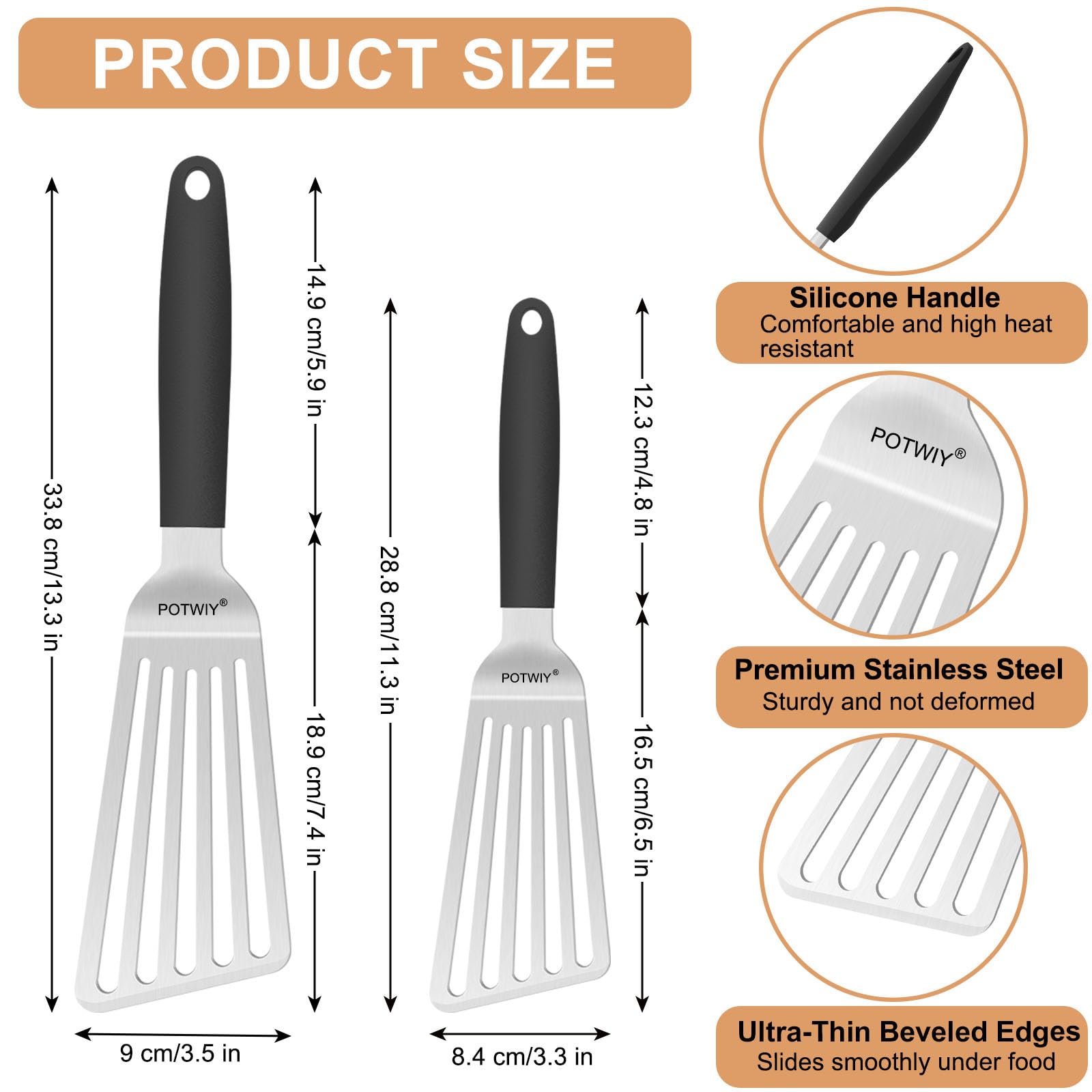 Pfannenwender-Set, Edelstahl, 33,8 cm groß und 28,7 cm, kleiner Schlitz-Fischwender mit Silikongriff, Metallspatel für Küche, Grillen, Kochutensilien, Flipper für Fisch, Ei, Pfannkuchen (2