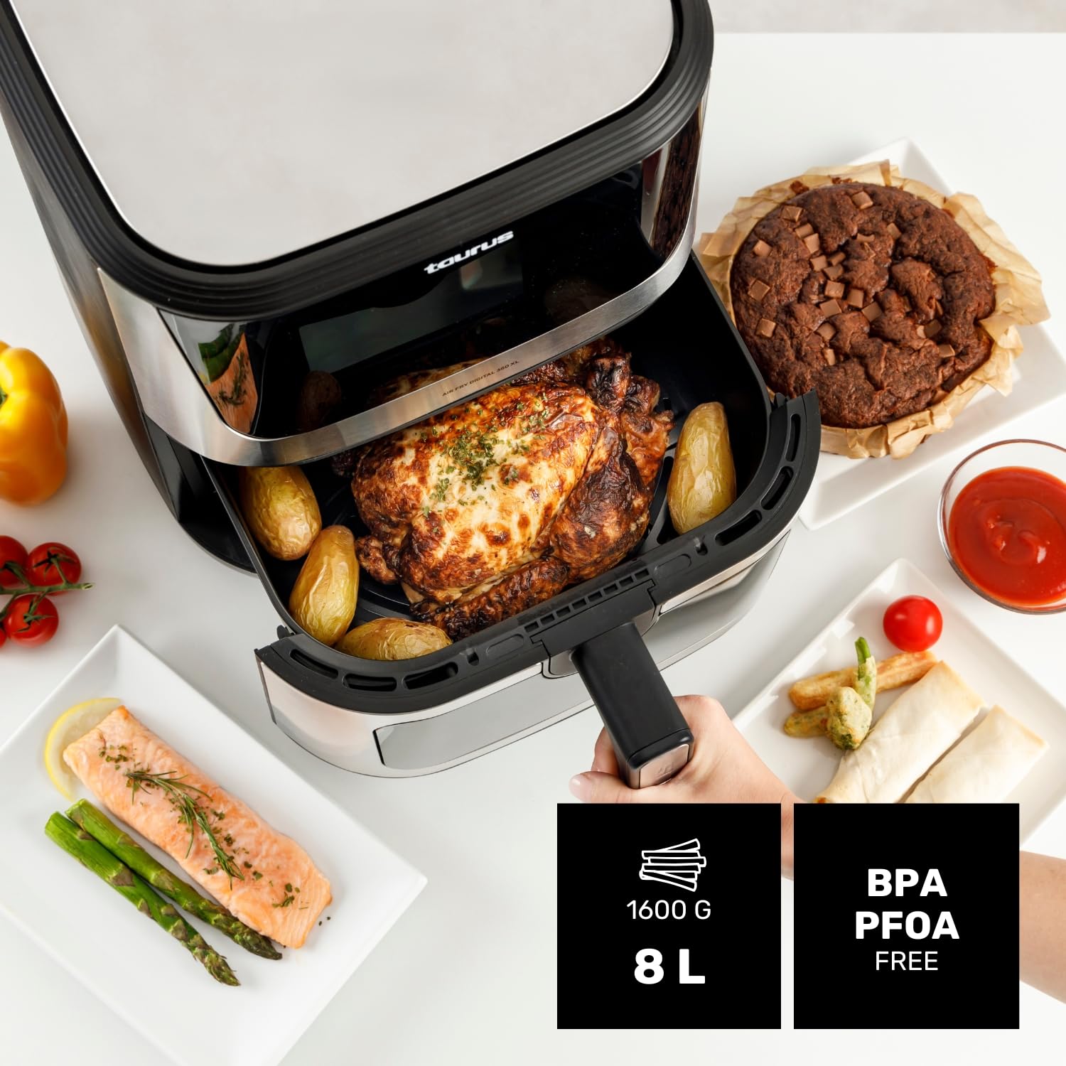 Taurus – Freidora aire Air Fry Digital 360 XL | 2100W | 8L | 12 programas | Pantalla táctil | Doble resistencia | Interior metálico | Precalentado | Libre de BPA y PFOA | Recetario online