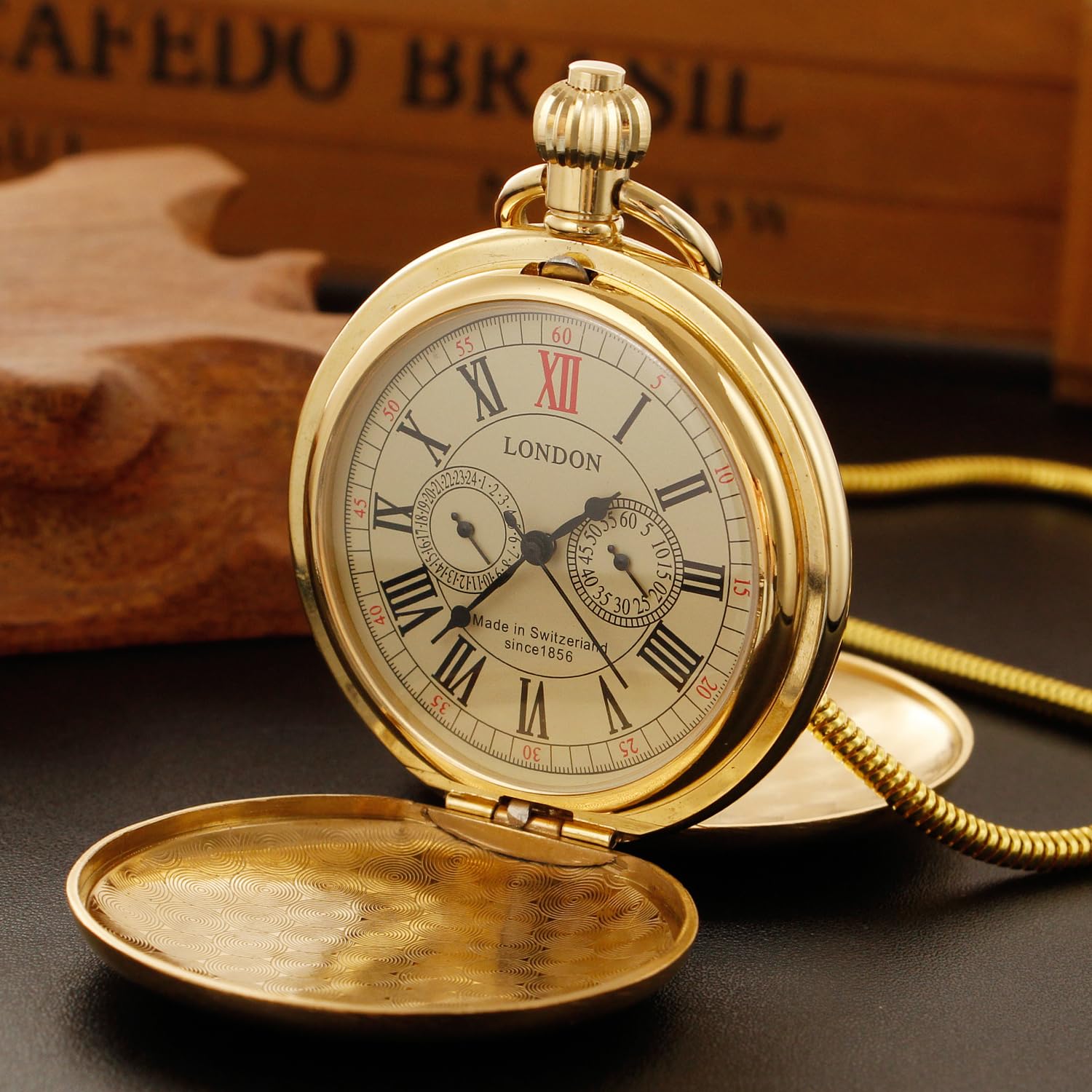 Tiong Orologio da tasca meccanico da uomo a doppia copertura, orologio da tasca meccanico a catena con quadrante a doppia copertura, orologio da tasca meccanico a scatola da uomo