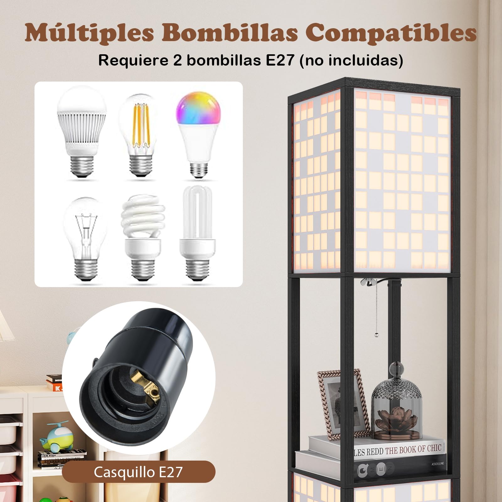COSTWAY Lámpara de Pie con 2 Luces y Estantes, Lámpara de Madera con 2 Pantallas con Patrones Recortados, Lampara de Pie Salon, Dormitorio, Estudio y Oficina, Requiere Bombillas E27 (Diseño de cuadro)