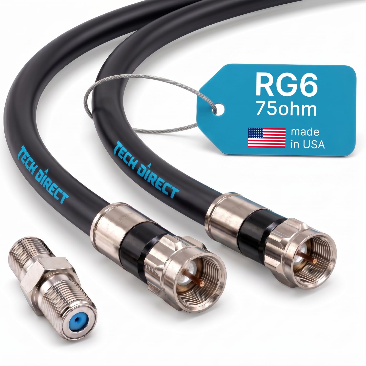 Cavo coassiale TechDirect da 6,5 m, nero, ad alte prestazioni e bassa resistenza, RG6, cavo coassiale per TV, antenna, Internet e satellitare, cavo TV a bassa perdita con connettori, cavo RG6 extra