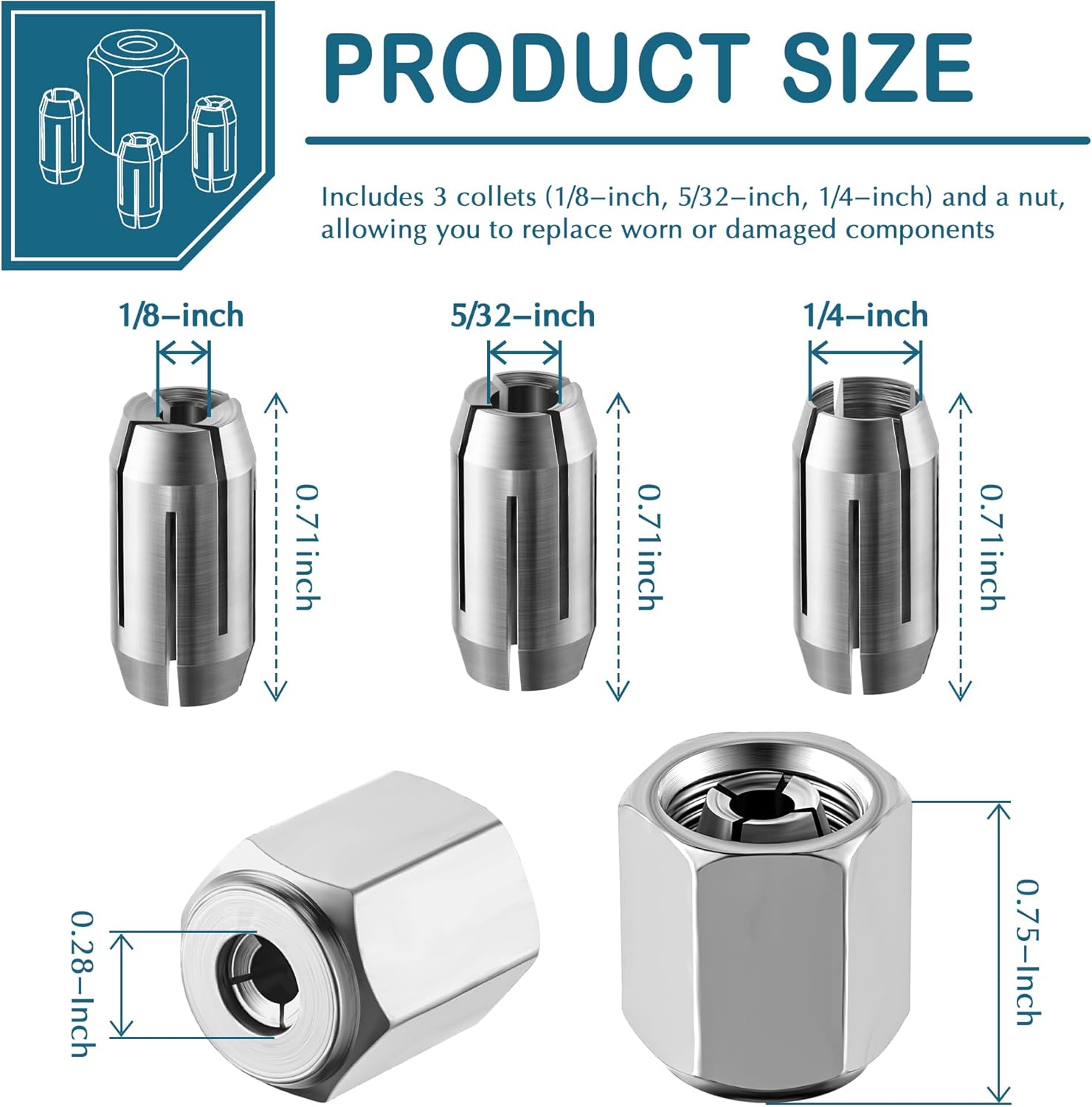 Dreyoo Replacement Collet and Nut Kit Compatible with CN1, Silver, 3 Collets (1/8-inch, 5/32-inch, 1/4-inch) and 1 Nut for Spiral Saw Tools and Drywall Cut Out Tools (Silver) thumbnail