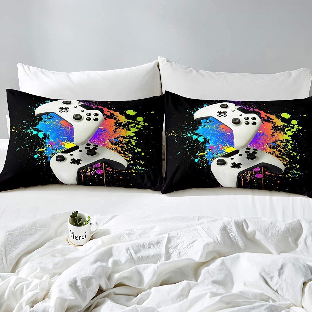 Loussiesd Modern Spiele Bettbezug Set Kinder Jugend Aquarell Graffiti Videospiel Bettwäsche 135x200cm Weiß Gamepad Spritztinte Tie Dye Betten Set mit 1 Kissenbezug Reißverschluss Sanft Mikrofaser