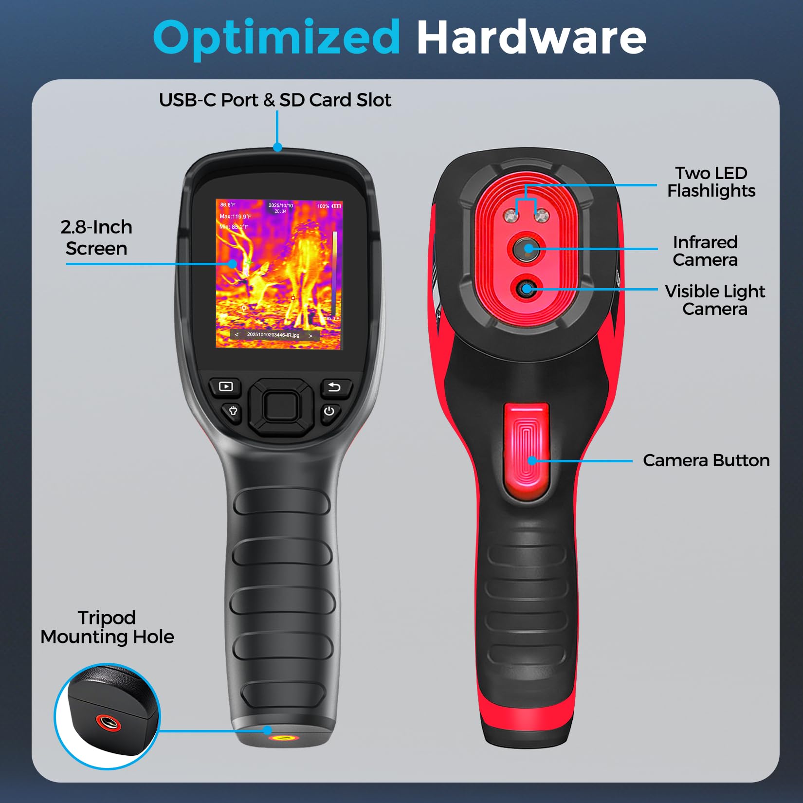 Kamera termowizyjna na podczerwień 256 x 192, rozdzielczość 512 x 384 TISR, 12-godzinna żywotność baterii i kamera wizualna 2 MP, ręczny termowizyjny do kontroli domu z kartą SD 32 GB