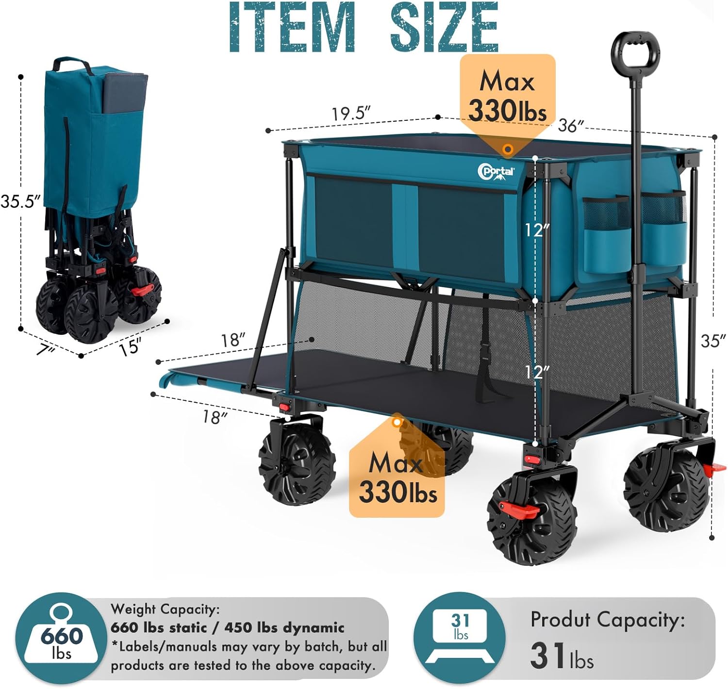 Portal Collapsible Large Double Decker Wagon with Brakes, 660lb Foldable Heavy Duty Utility Wagon Cart, 400L All-Terrain Big Wheels & 54" Extra Long Extender for Sports, Camping & Outdoor Use