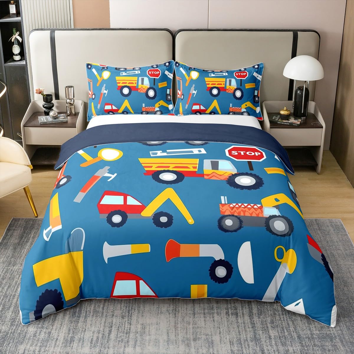 Homewish Cartoon Truck 100% Cotton Duvet Cover Super King, Kawaii Vans Lorry Comforter Cover For Kids Boys Girls, Excavator Vehicles Soft Bedding Set For Bed, Cute Car Roadblocks Quilt Cover