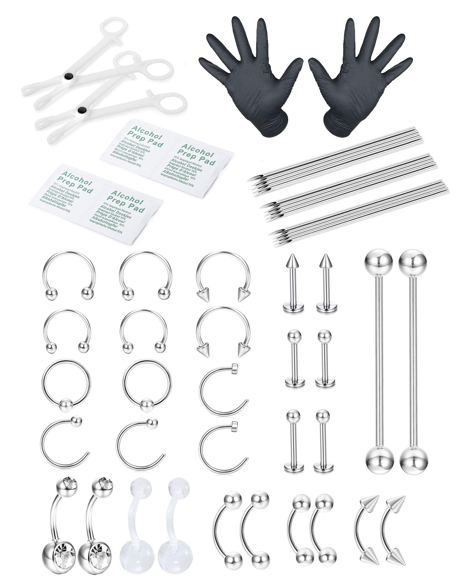 Adramata51 Piezas Piercing Oreja Acero Quirurgico Piercing Kit Piercing Nariz Lengua Labio Tragus Ceja Pezón Cartílago Tragus Septum Piercing Joyería 14G 16G 18G