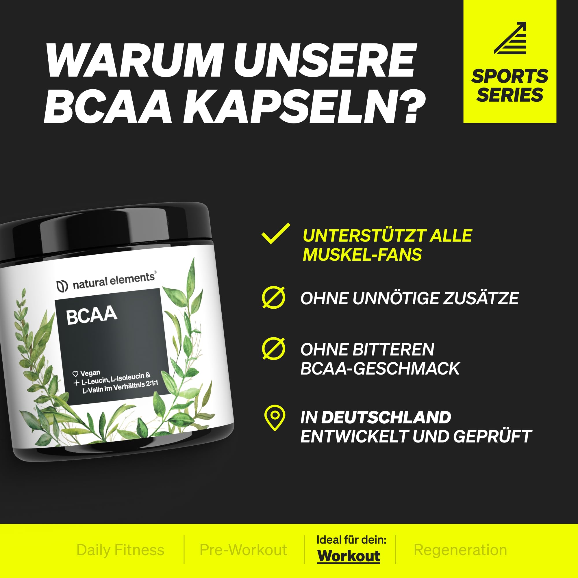 natural elements BCAA – 360 kleine Kapseln – essenzielle Aminosäuren – Leucin, Isoleucin & Valin – hoch bioverfügbares 2:1:1-Verhältnis – vegan, hochdosiert, ohne unnötige Zusätze, laborgeprüft