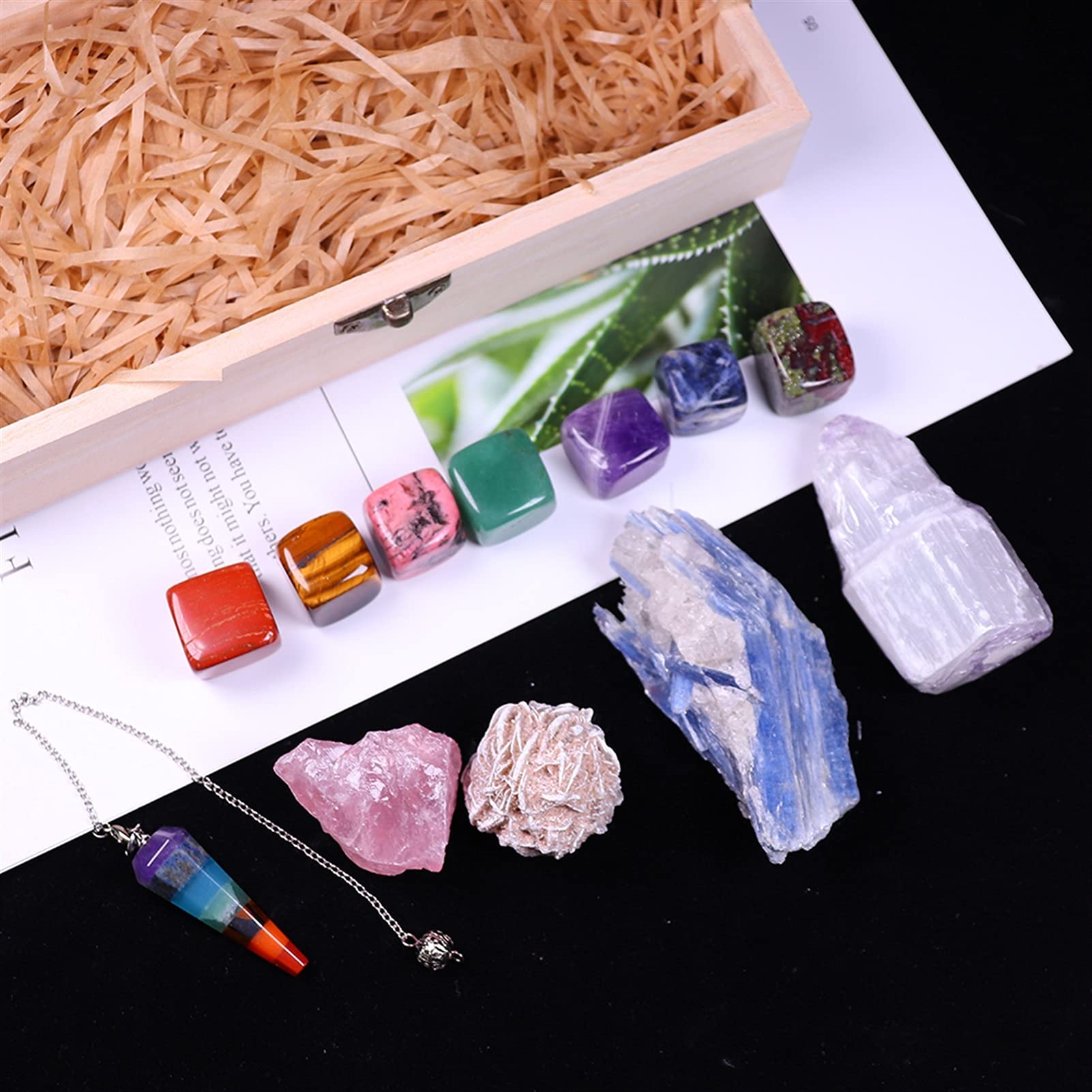 Natürlicher Quarz Chakren Fossen Block Kies Geschenk Holzkiste Kristall Pendel Meditation Edelstein (Color : Multi Colored)