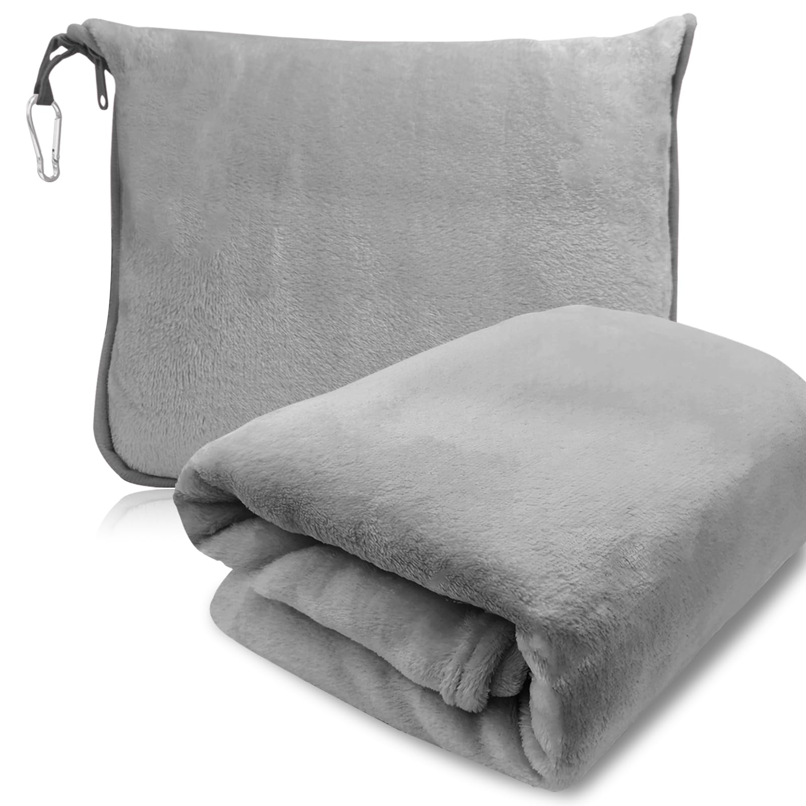 Couverture de Voyage 2 en 1 pour Avion,Voiture et Bureau Douce et Chaude Couverture et Oreiller de Voyage Portable avec Clip Sac à Dos pour Adultes,Enfants,Femmes,Hommes-Gris