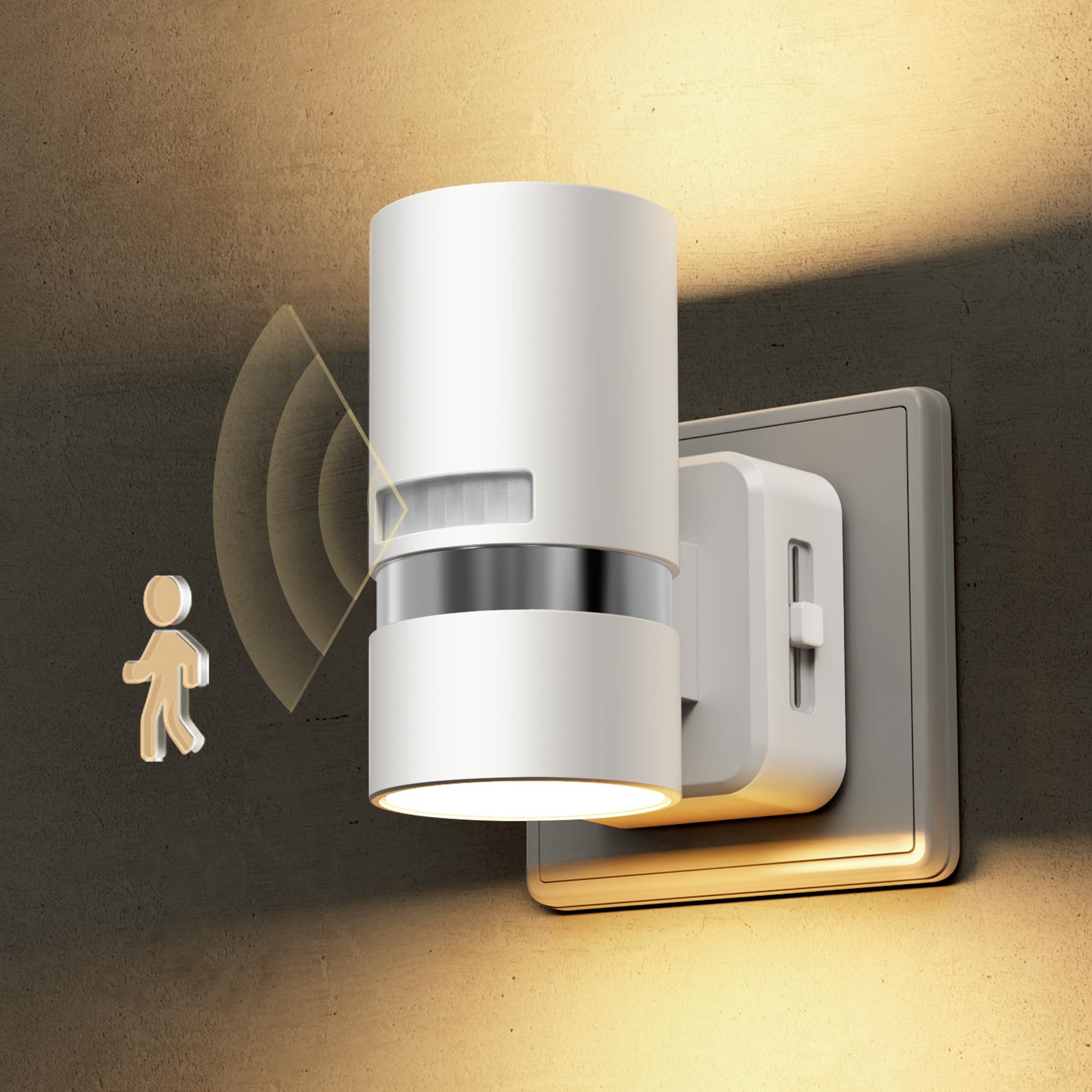 LOHAS-LED Nachtlicht Steckdose mit Bewegungsmelder, dimmbar, Warmweiß | 1W LED Steckdosenlicht, ON/OFF/AUTO, 0-100% dimmbar, weißes Zylinderdesign mit Silberring für Flur, Treppe und Schlafzimmer