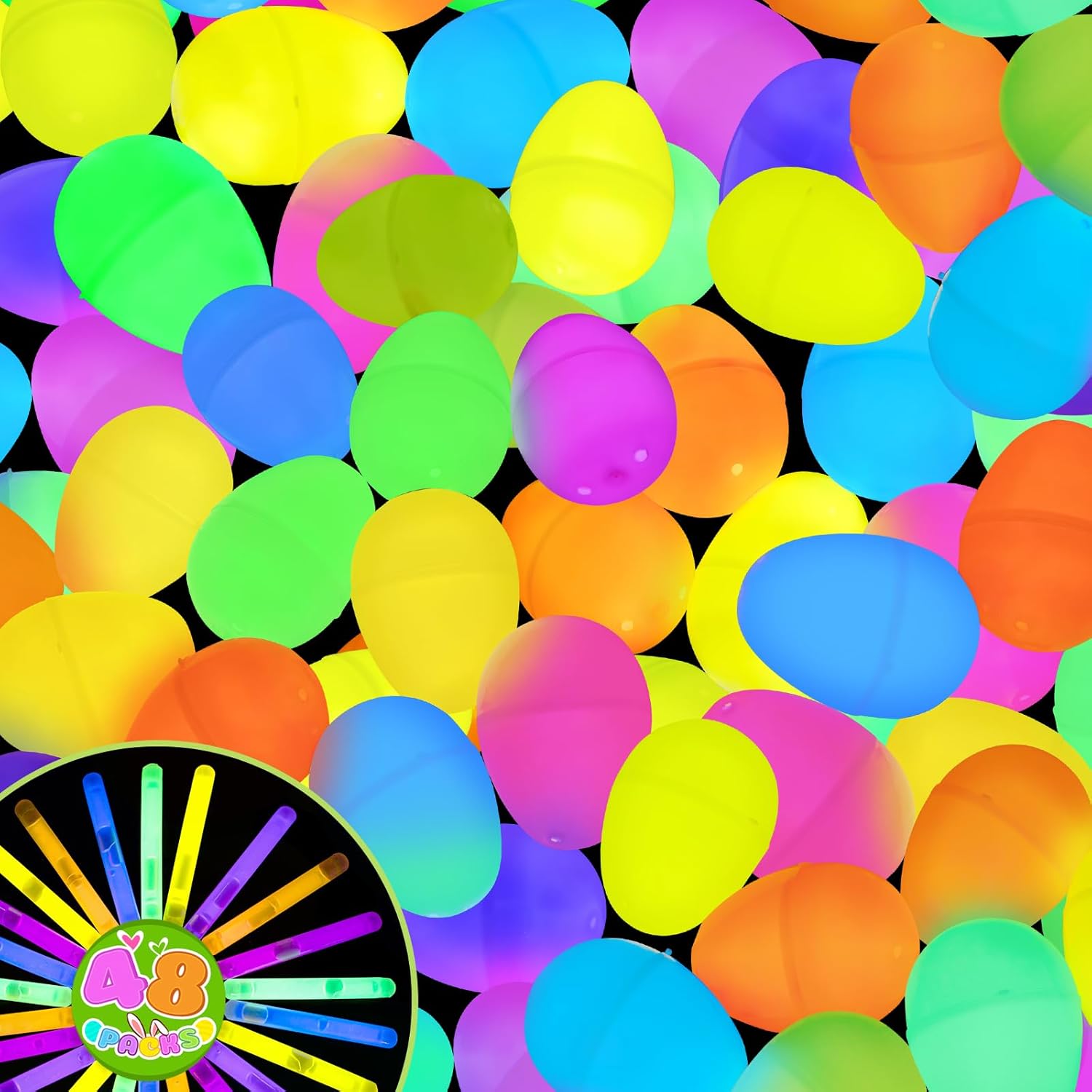 Duchong Glow in The Dark Easter Egg Bulk, 48 Fillable Plastic Eggs with 96 Mini Glow Sticks Toys Inside For Kids Girls Boys, Easter Basket Stuffers Fillers Gifts, Surprise Eggs for Easter Hunt
