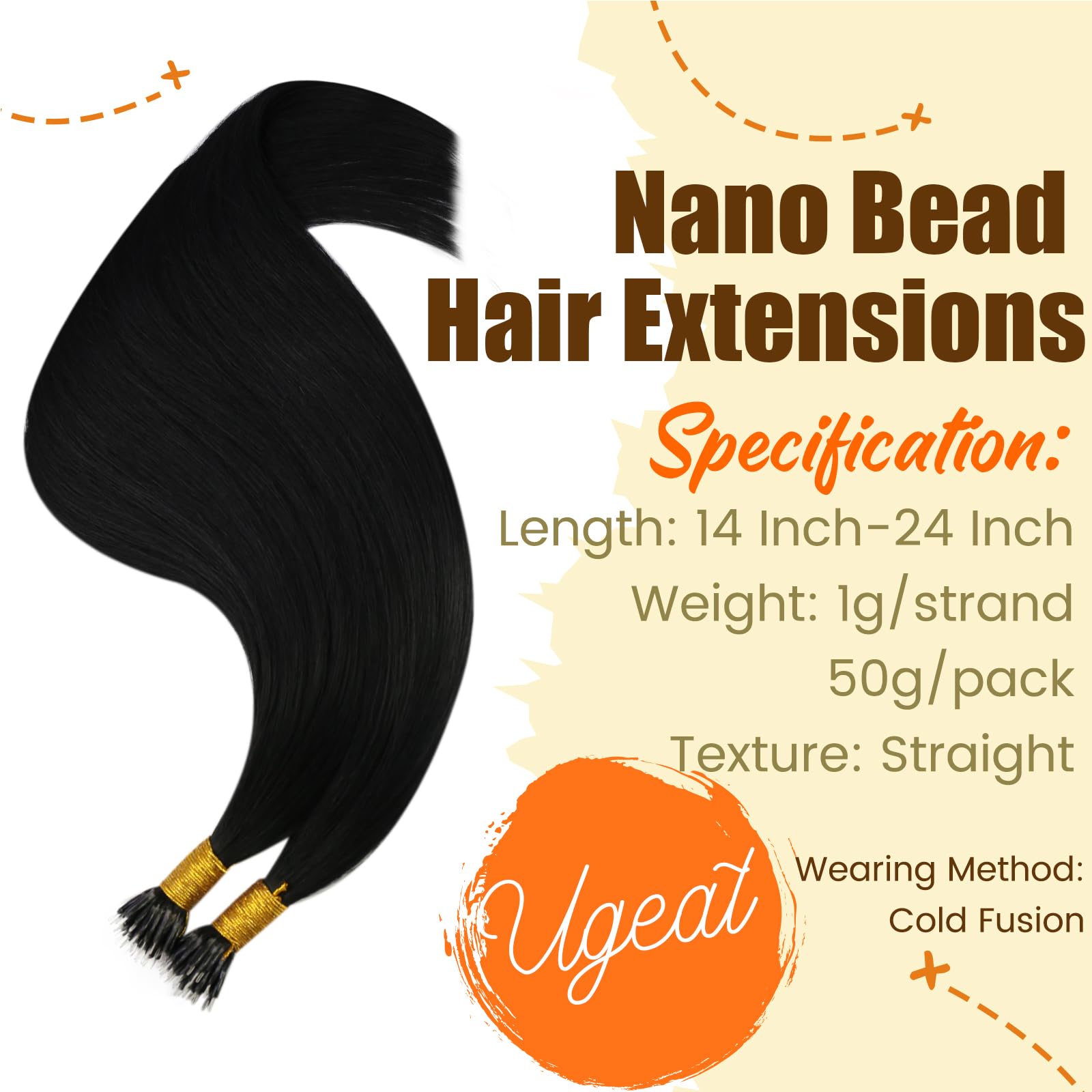 Ugeat Nano Hair Extensions Real Human Hair Black 50G/50S 14 Inch Nano Beads Hair Extension Human Hair Jet Black #1 for Women Straight - Image 2
