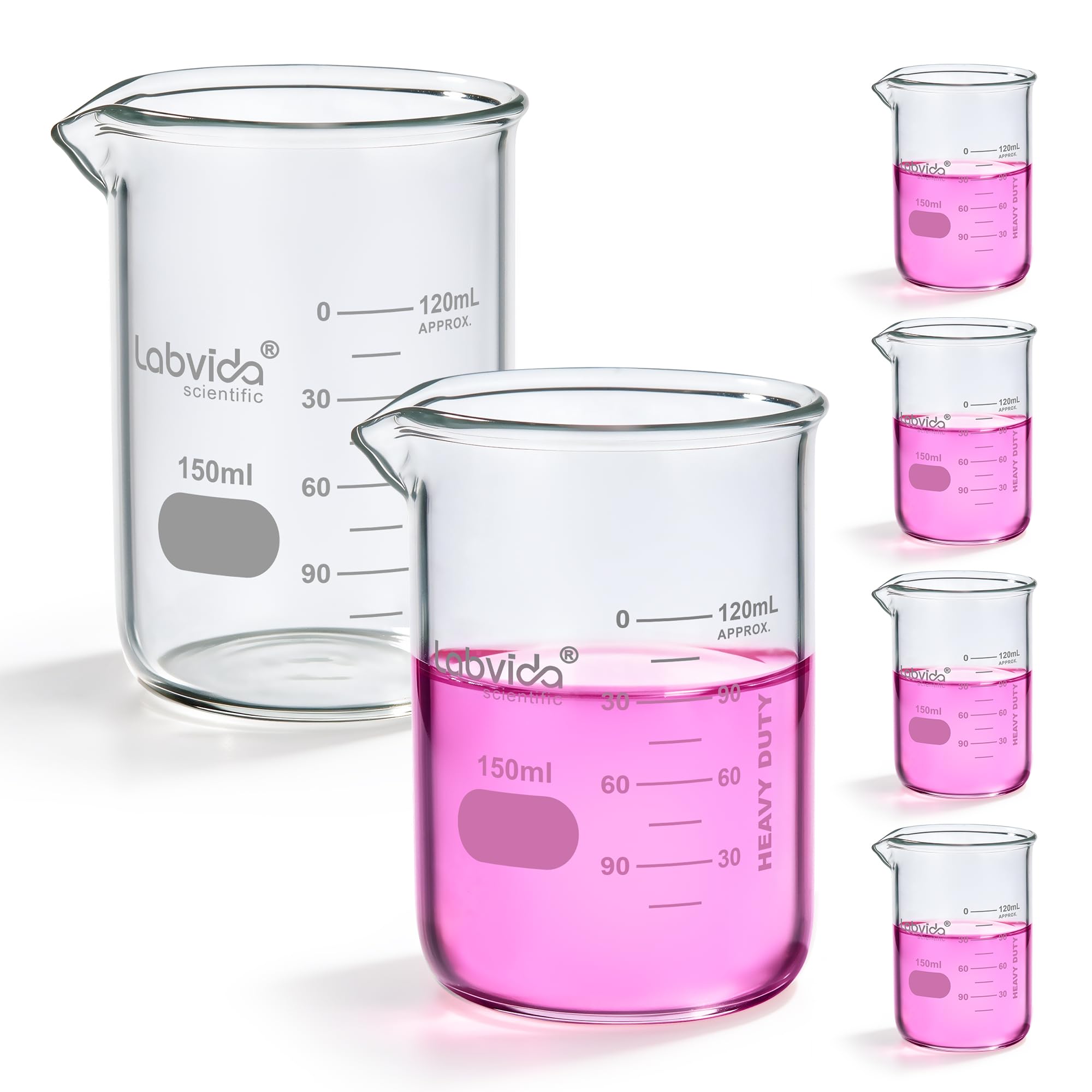 LVA006 - Juego de 6 vasos de cristal de forma baja, vol.150 ml, 3.3 borosilicato con graduación impresa, 6 unidades