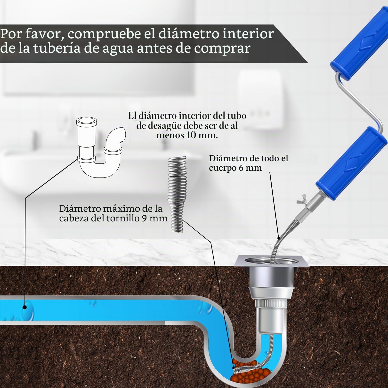 Espiral para limpieza de tuberías, diámetro de 6 mm, espiral de limpieza con adaptadores eléctricos y manuales, limpiador de tuberías en espiral, espiral eficiente (5 m)
