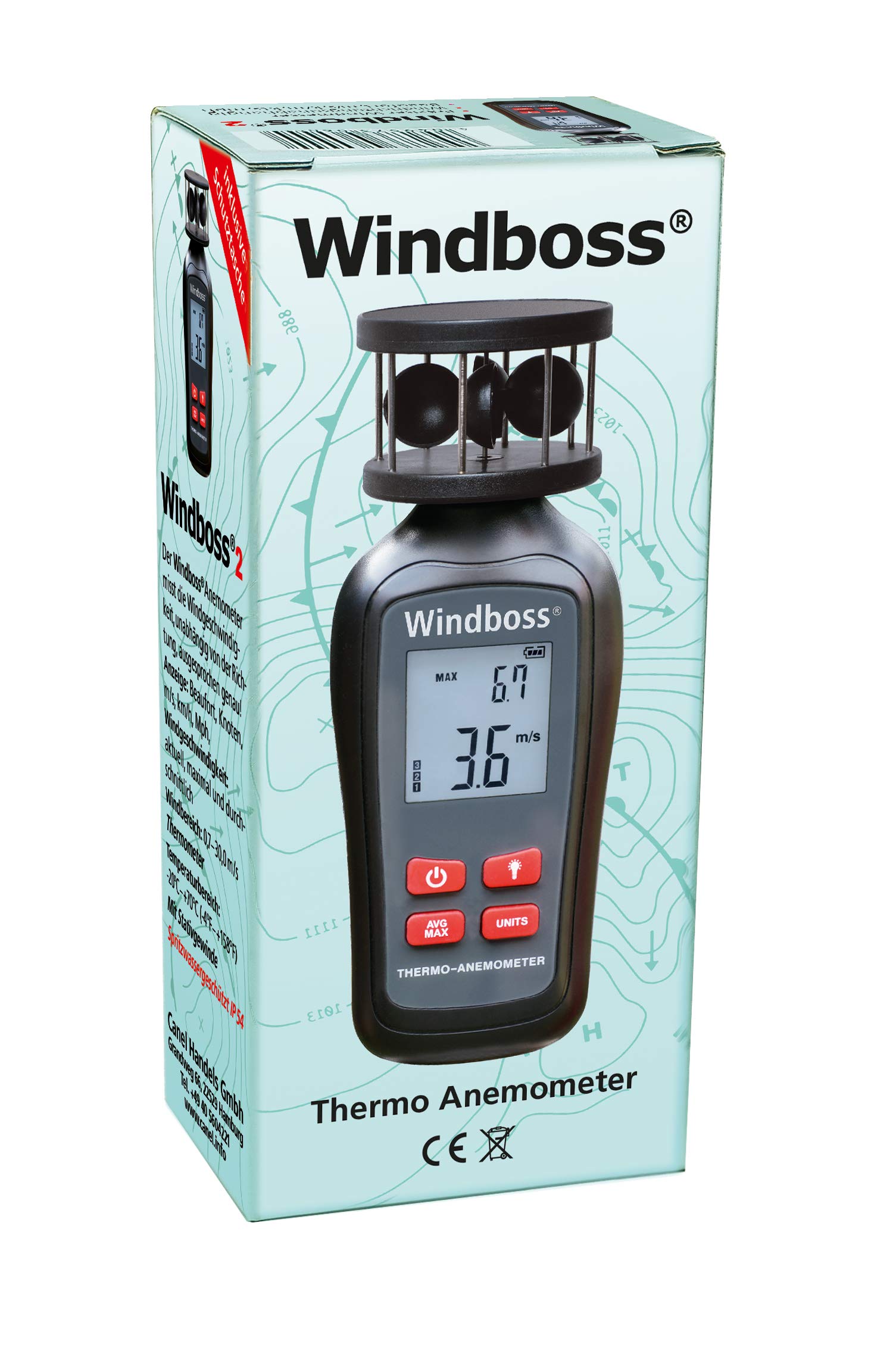 Windboss® Windmesser mit Thermometer für Surfen, Segeln, Kiten und alle weiteren Aktivitäten mit Wind. Mit Stativgewinde und Schutztasche.
