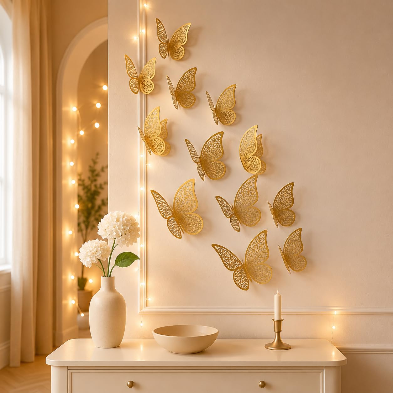 Xtore 12Pcs 3D Home Decor Butterfly Wall Stickers | Beautiful Decor (Shimmer Golden, Set of 12), Kraft Paper, Reusable