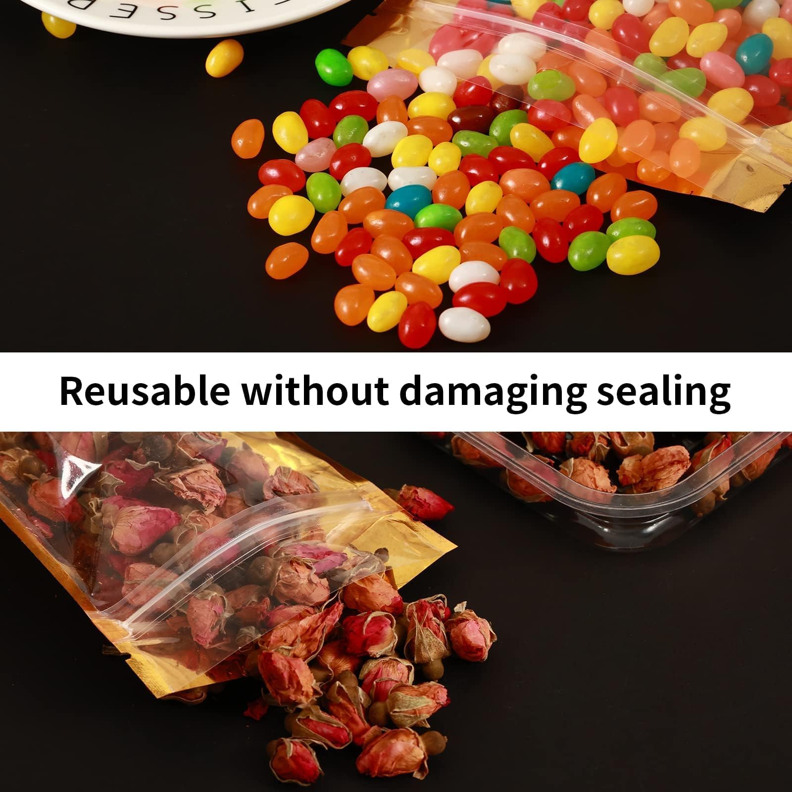Circloophs Paquete de 300 bolsas de Mylar resellables, bolsas de pie de 4 x 7 pulgadas con ventana transparente, pequeñas bolsas resellables con cierre de cremallera, a prueba de olores para