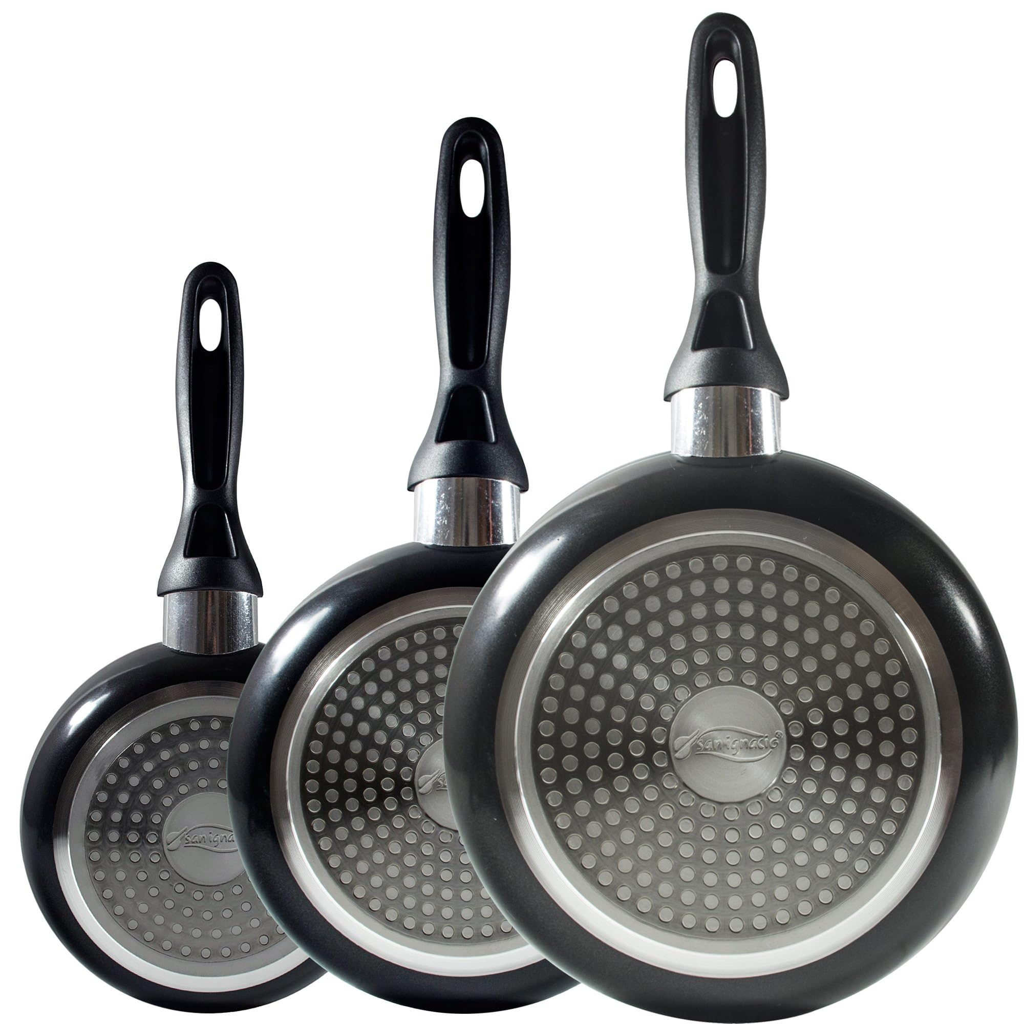 San Ignacio - Batteria da cucina 3 pezzi (1,6L, 2,3L, 3,3L) in acciaio inossidabile e Set di 3 padelle (16-20-24 cm) in alluminio pressato antiaderente, adatto a induzione