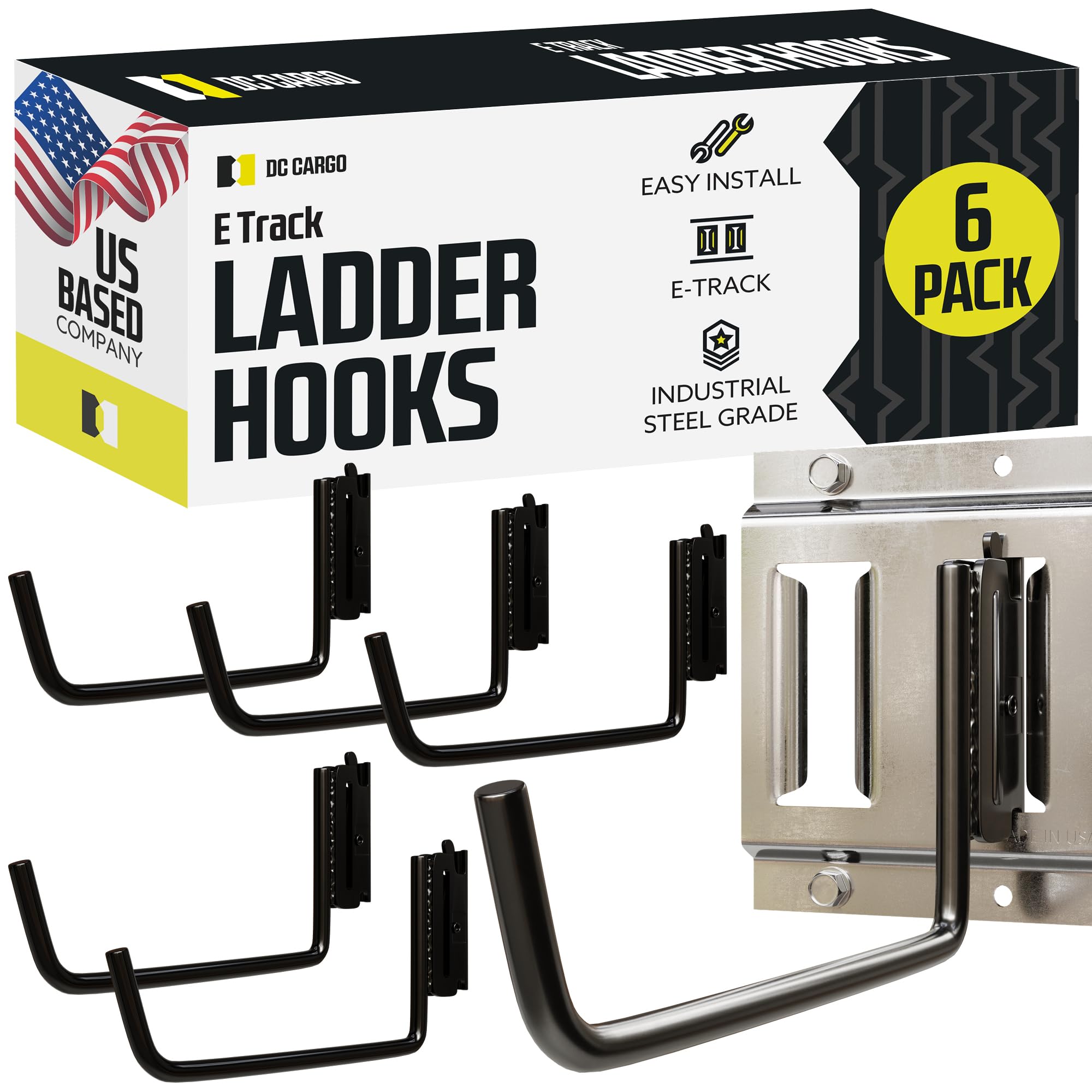 DC Cargo Mall 6-Pack, E-Track J Hook – Industrial Strength Ladder Hooks for E-Track in Trucks, Trailers and Warehouses – Steel Flat Hooks – E-Track Accessories