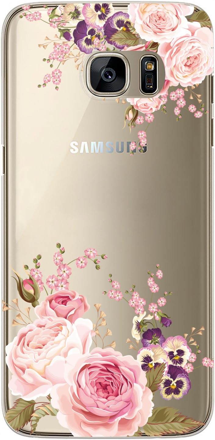 JAHOLAN Cute Girl Floral Design Clear TPU Soft Bumper Slim Flexible Silicone Cover Phone Case for Samsung Galaxy S7 - Rose Flower