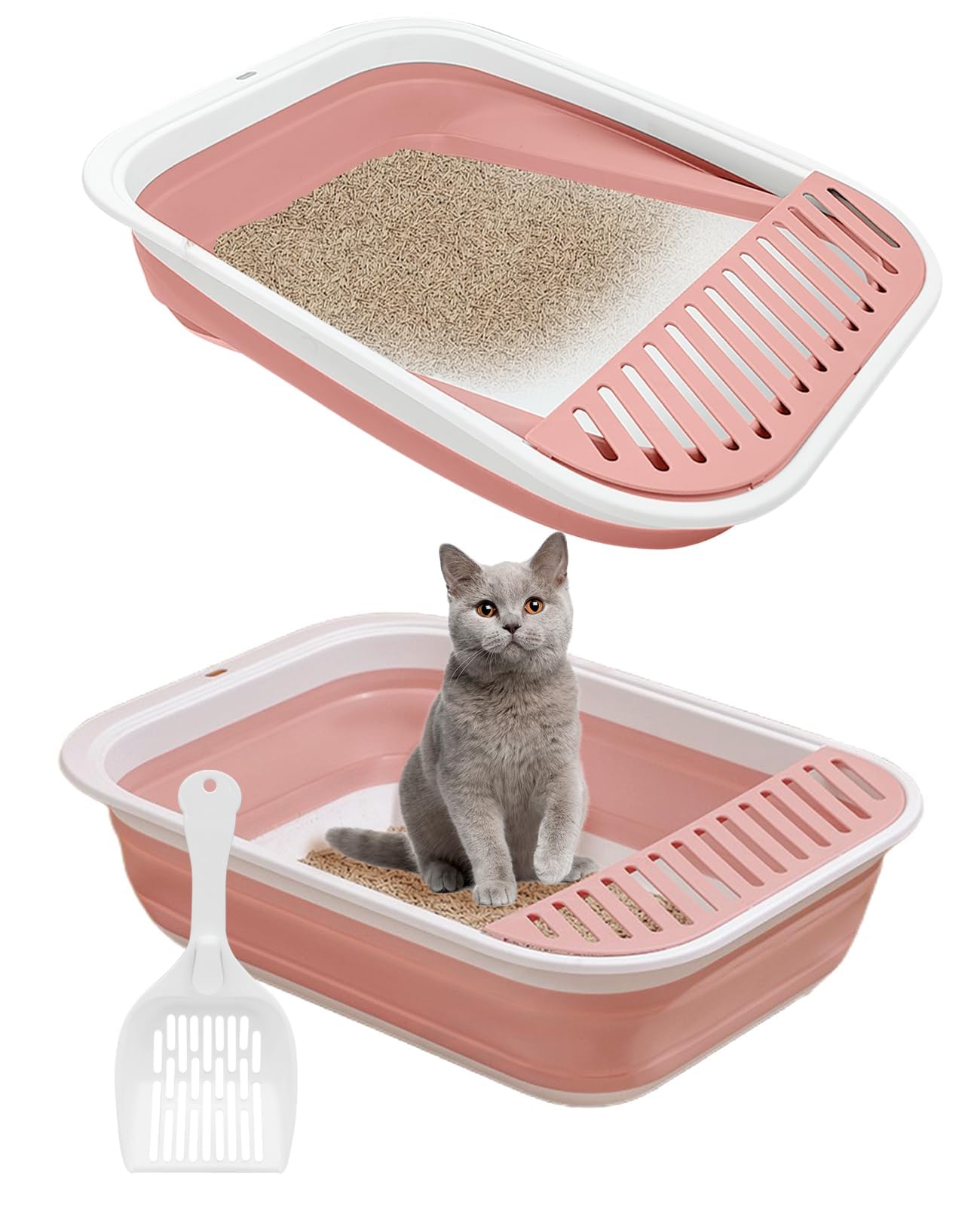 BNOSDM Foldable Small Cat Litter Box for Kittens Open Potty Pan Collapsible Cat Toilet with Scoop Senior Kitty Travel Shallow Litters Boxes Anti-Splash Waterproof for Small-Sized Cats Pink