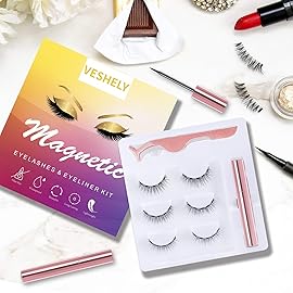 VESHELY Natural Magnetic Eyelashes with Eyeliner,3 Pairs Natural Look False Lashes Kit,3D Short Magnetic Eyelash Set - No Glue Needed