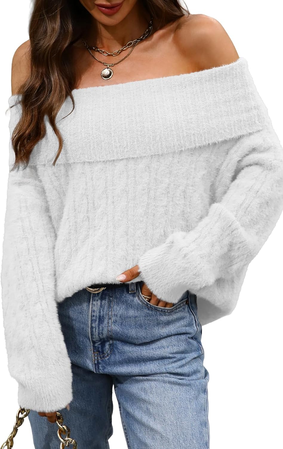 ELLEVEN Women’s Off Shoulder Cable Knit Sweater, Soft Oversized Pullover for Casual Fall Winter Outfits - Image 7
