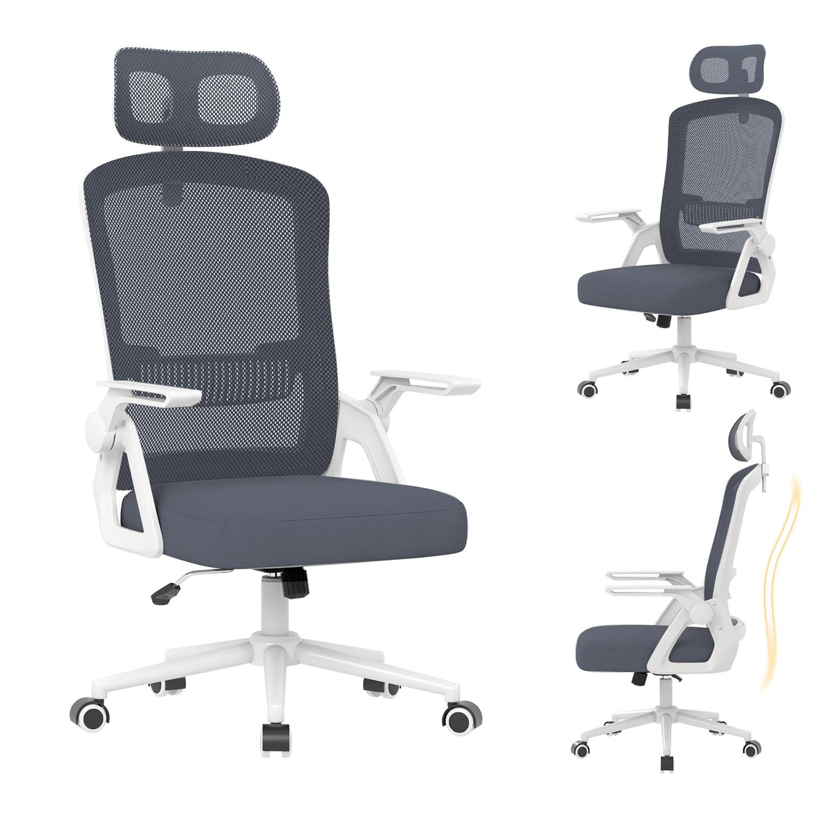 naspaluro Ergonomic High Back Office Chair, Breathable Mesh Desk Chair with Adjustable Headrest, Lumbar Support, Flip-up Armrests and Comfy Seat Cushion, Computer Chair for Home Office, Grey Blue