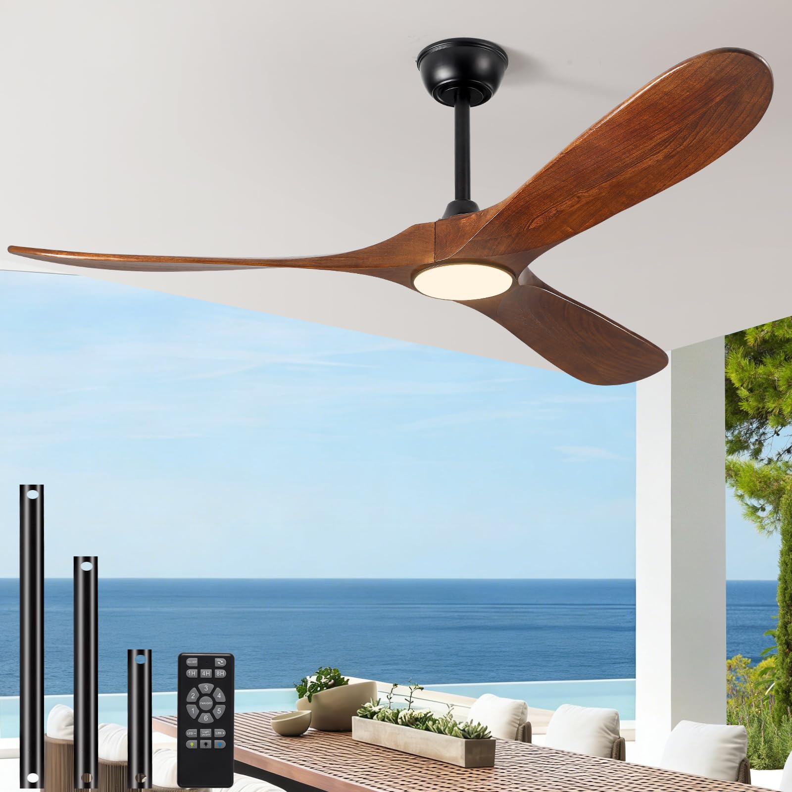 Photo 1 of Puoyro 72 Inch Walnut Wood Outdoor Ceiling Fan with Light & Remote