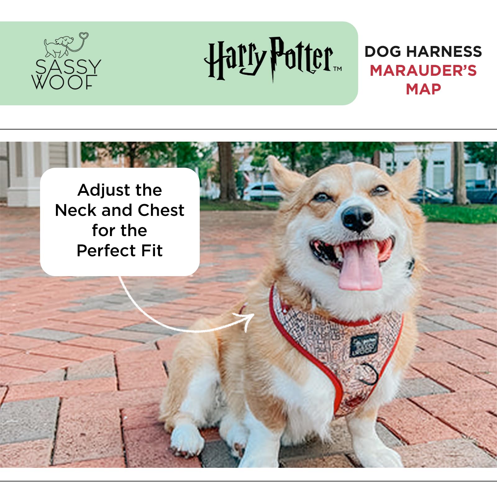 Sassy Woof Arnés Ajustable para Perro, Harry Potter™ Marauder's Map™, XS, Malla Transpirable, diseño sin tirones con Dos Anillos en D, Perros pequeños y Cachorros, con Licencia Oficial