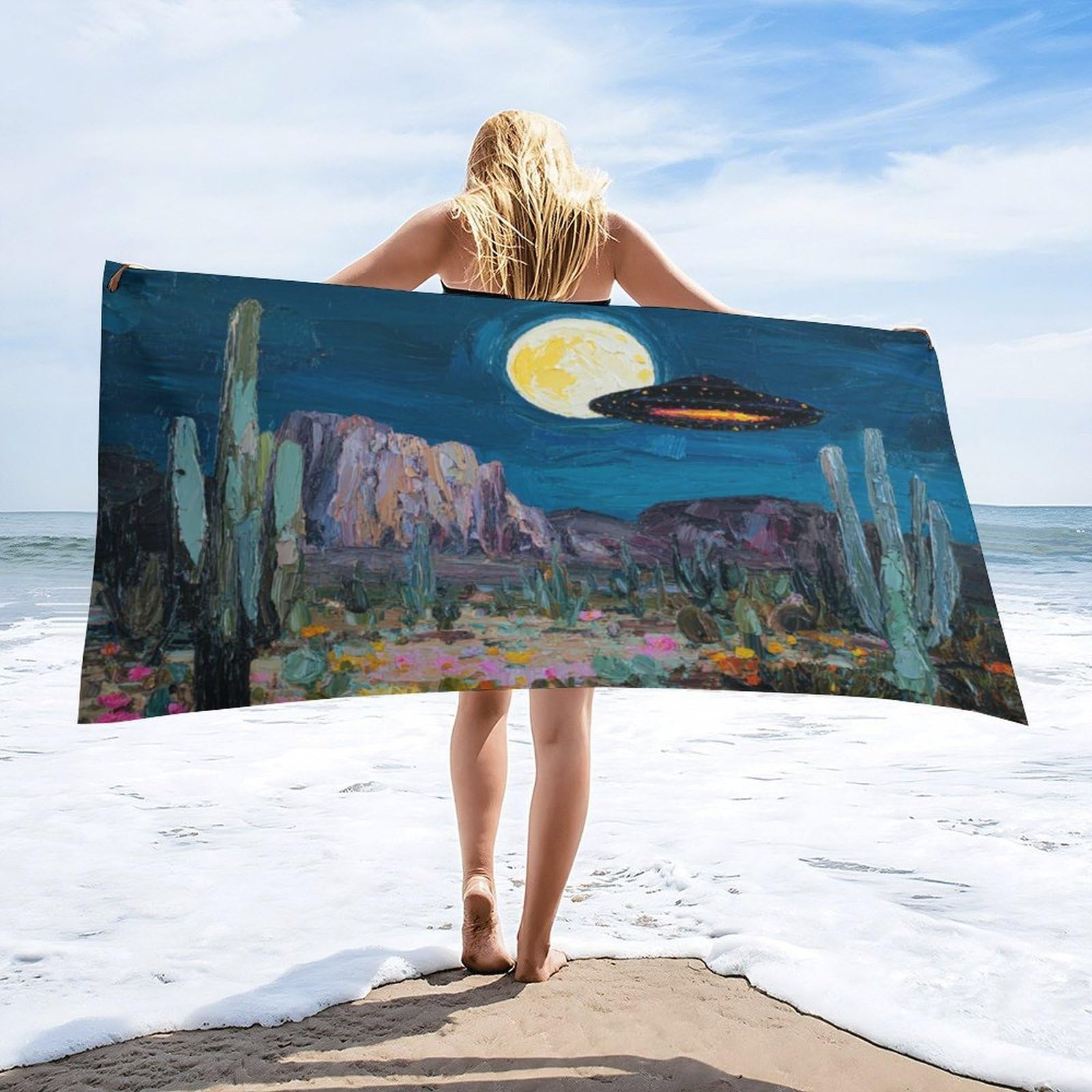 Luyysky Funny Fantasy Western Desert Quick-Drying Beach Towel, Natural Abstract Full Moon Plant Cactus Flowers Ufo Travel Vacation Single Sided Pile Bathroom Towels-80 W Cm X 160" L Cm