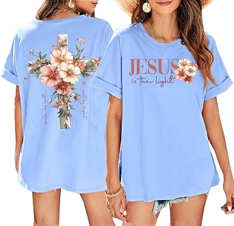Boho Christian Shirts for Women Oversized Vintage Floral Tshirt Religious Jesus Tees Bible Verse Short Sleeve Faith Tops
