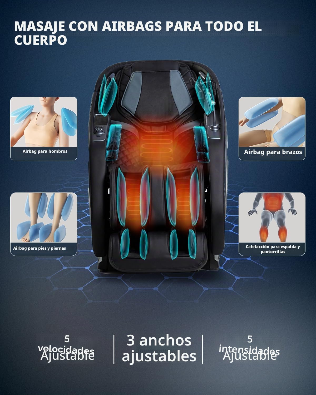 Sillón de Masaje con Masaje Shiatsu Inteligente 4D (Negro) | Modo de gravedad cero, calefacción en la espalda y las piernas, control por voz con IA, altavoz Bluetooth, masaje SL Track