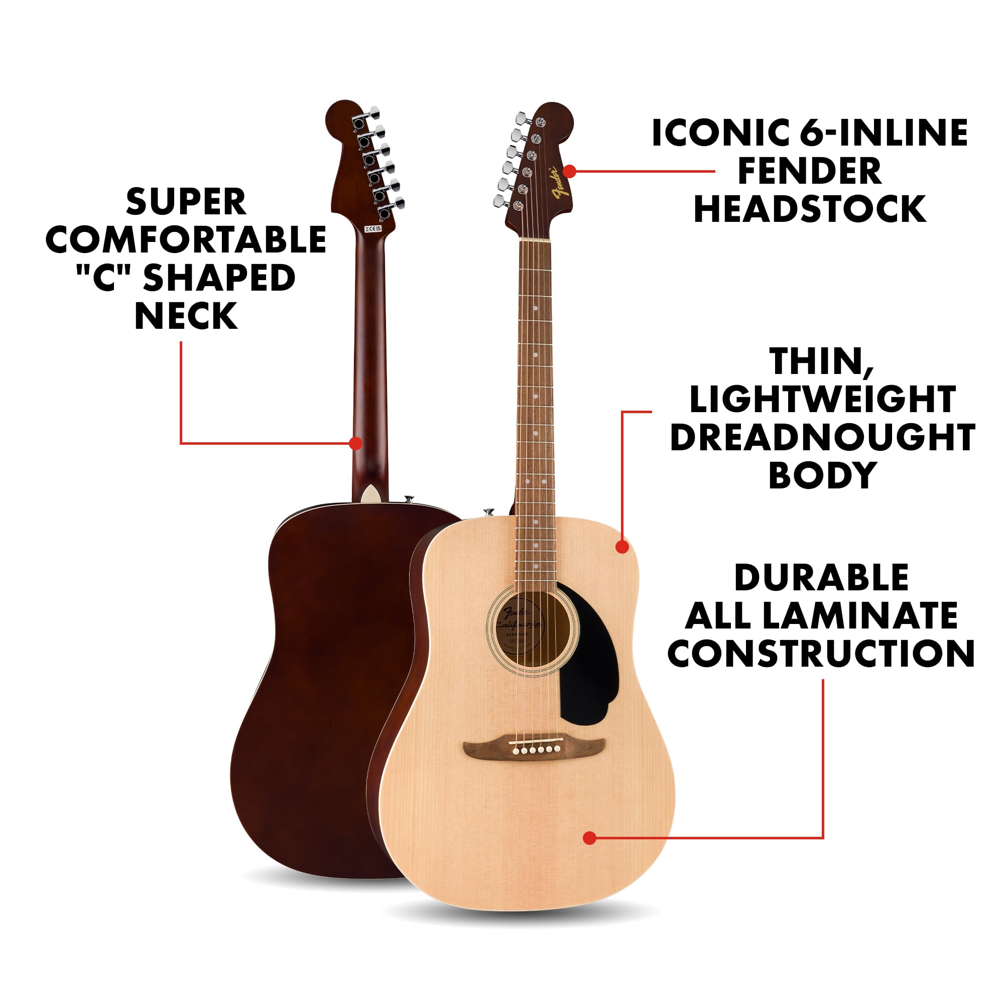 Fender California Debut Redondo Dreadnought Acoustic Guitar, Spruce Top, Black Pickguard, Natural