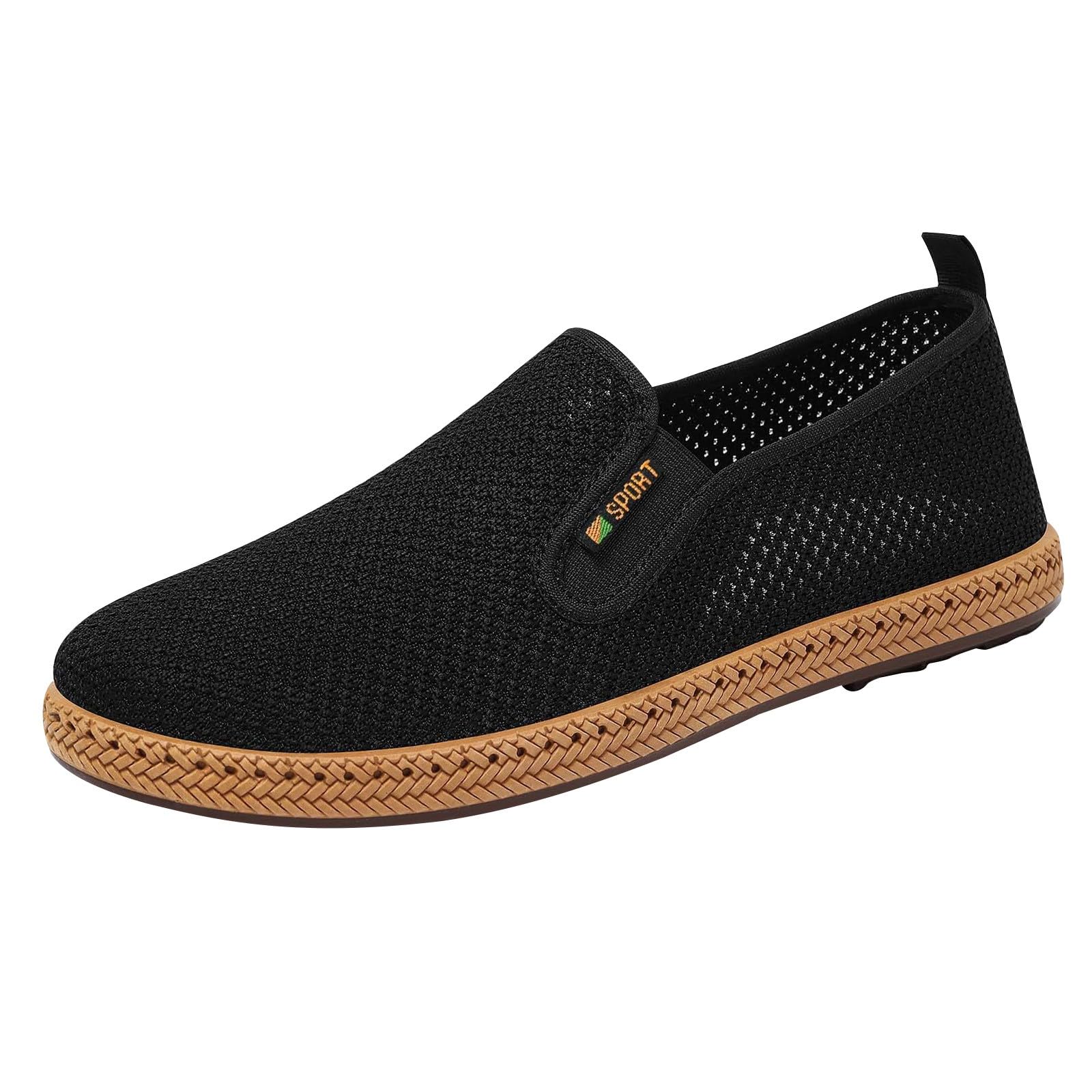 Alpargatas para hombre, color negro, zapatos para caminar, mocasines de malla, transpirables, ligeros, planos, zapatos de verano, suelas suaves, zapatos de tela, zapatos para correr, cómodos zapatos
