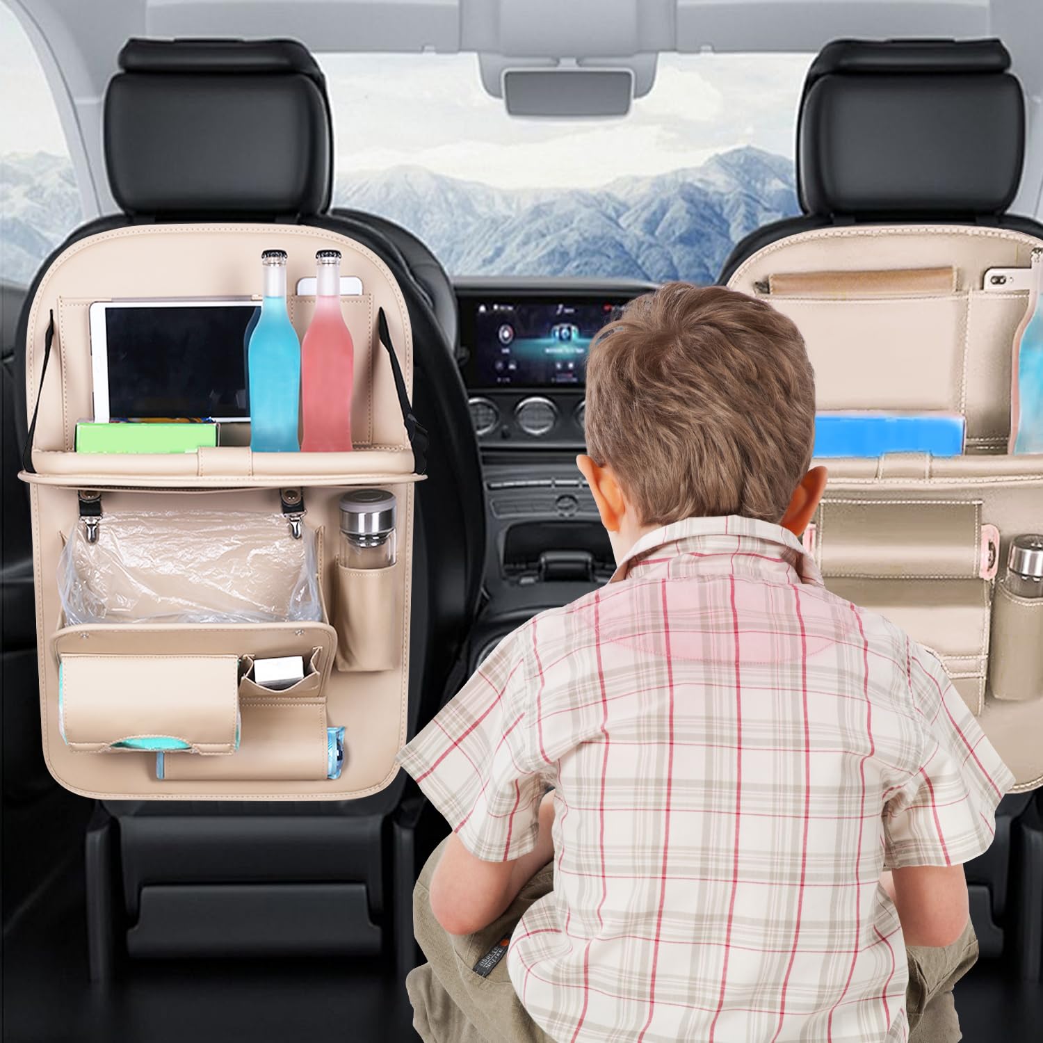 Autositz Organizer Rückenlehnenschutz, Auto Rücksitz Organizer Kinder, Kunstleder Beige Anti-Kick Multifunktional Wasserdicht, mit Klapptisch Tablet Fach, 8 Taschen