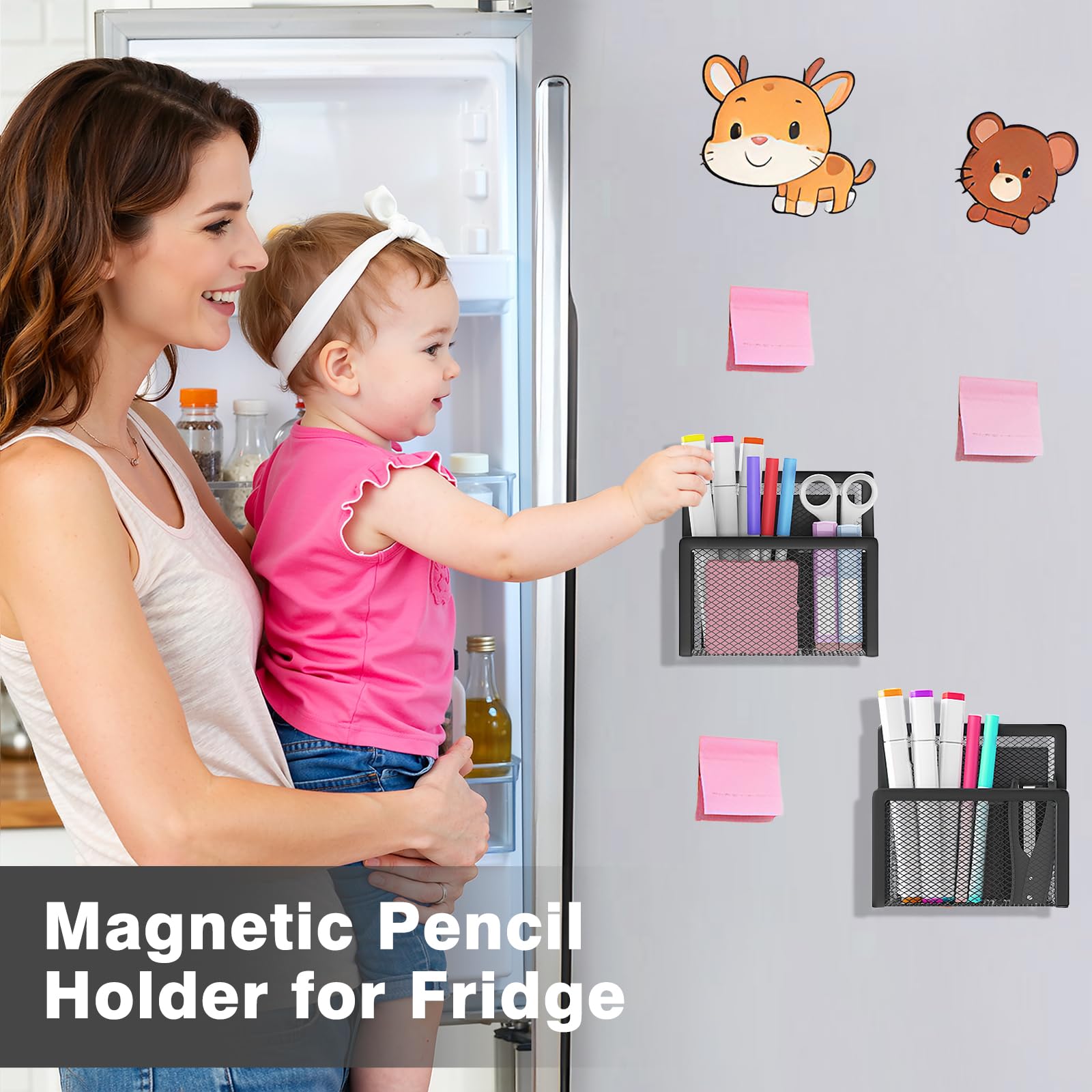 MoKo 2 Stück Magnetischer Stifthalter aus Netzgewebe zur Aufbewahrung, Magnetische Stifthalter für Whiteboards, Magnetische Organizer für Kühlschrank, Spind, Schule, Büro, Zuhause – Schwarz