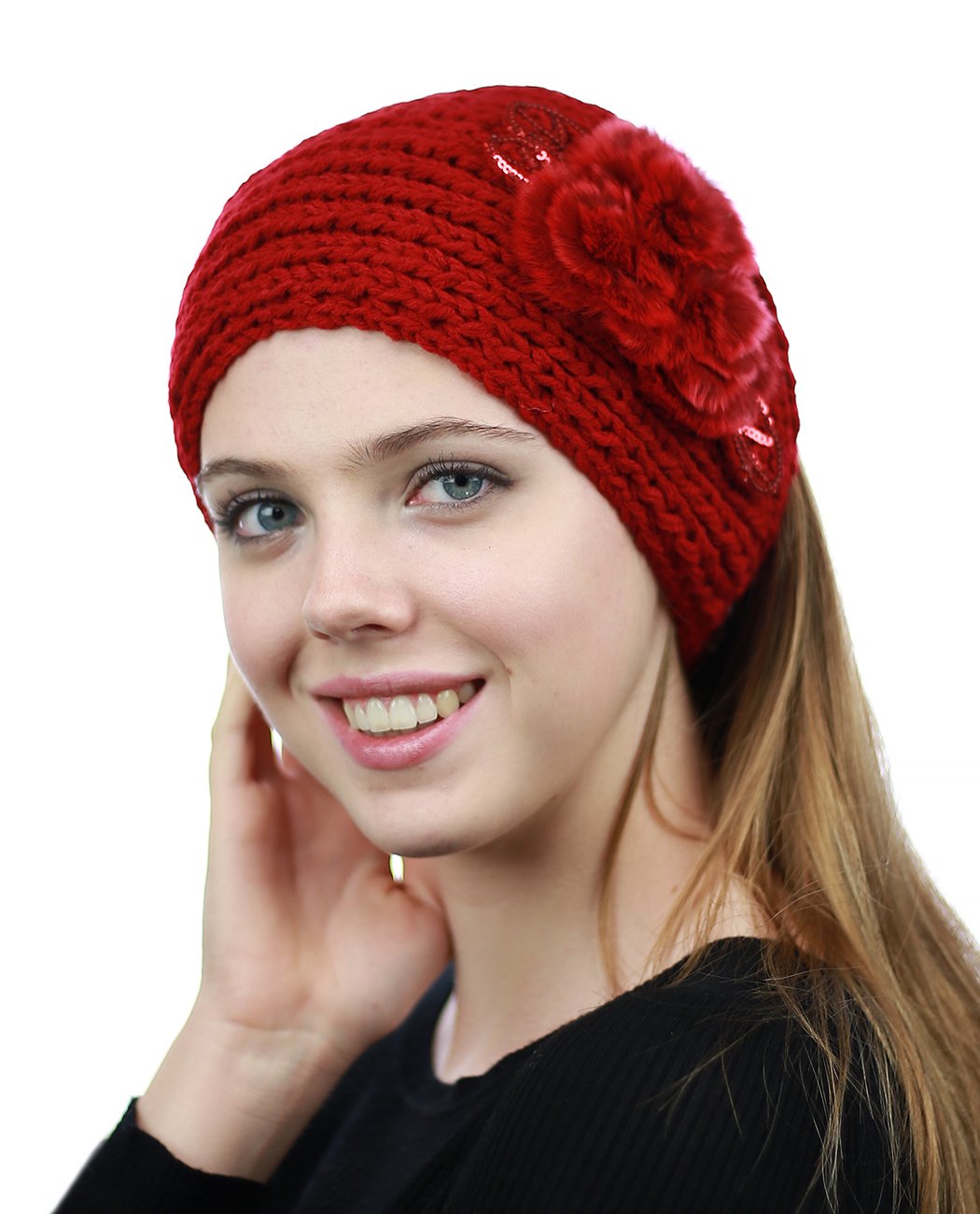 NYFASHION101 Hand Knitted Soft Furry Flower Winter Headband Headwrap, Red