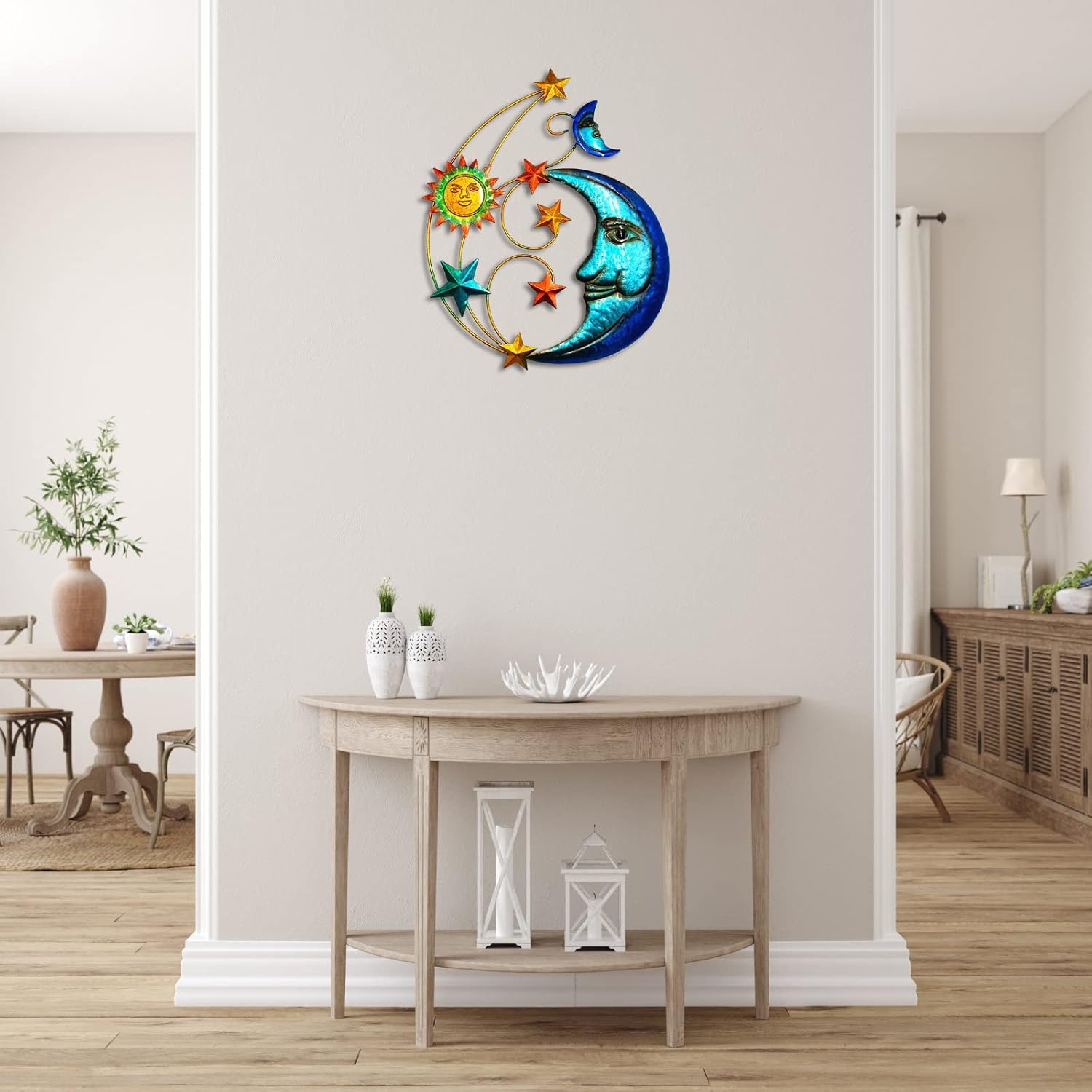 Metal Sun Outdoor Wall Art Decor, Large Size 17'' Sun Face Metal Wall Sculpture with Moon & Stars for Home Wall Decoration Living Room, Bedroom, Outside Decor for Yard, Patio, Garden Fence Deck Pool
