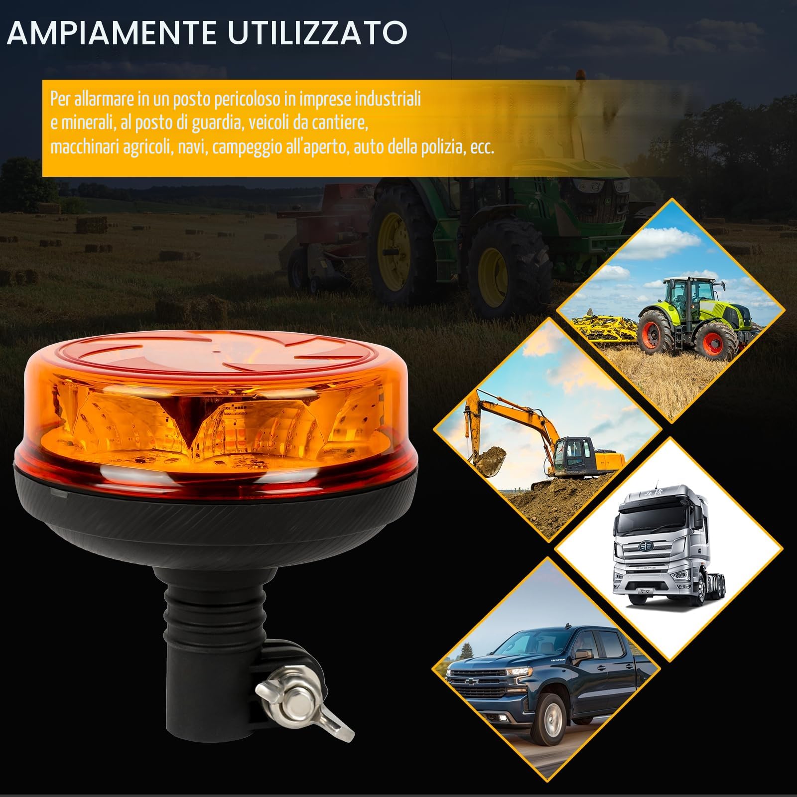 AOHEWEI Luce di segnalazione a LED ambra, 4 lampeggianti e 2 modelli rotanti 12/24V 16 pezzi Lampada stroboscopica a LED per macchine agricole Veicolo commerciale Scuolabus Trattore Escavatori Camion