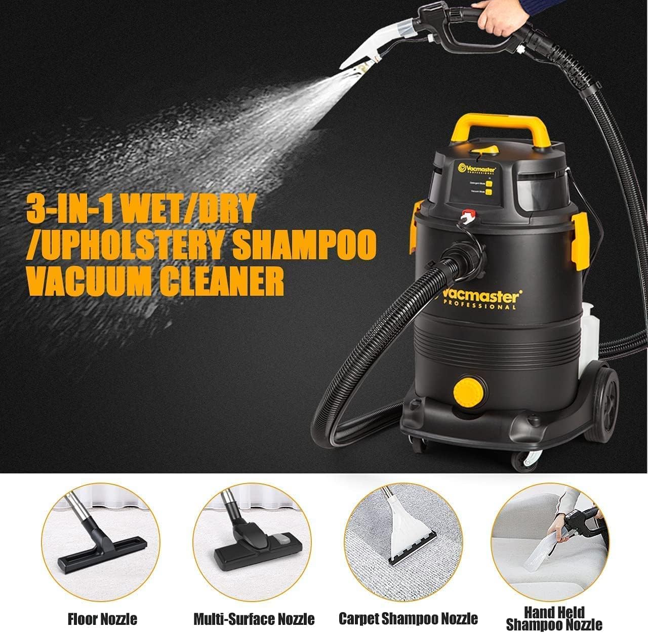Vacmaster VK1323PFR demonstrating 3-in-1 wet/dry/upholstery shampoo functions